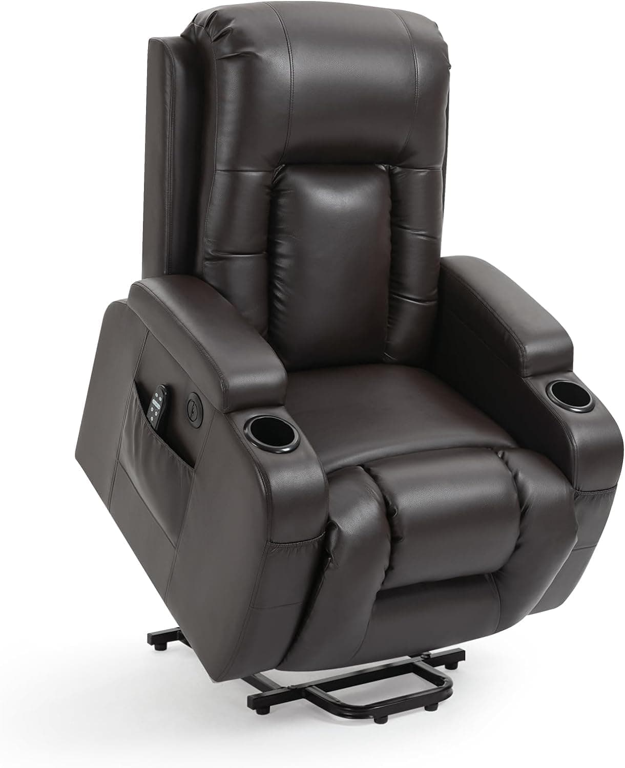 Power Lift Recliner Chair with Heat and Massage for Elderly, Electric Recliner Chairs with Standing Assistance, 2 Cup Holders, 4 Pockets, USB Charge Port, Breathable Leather Brown