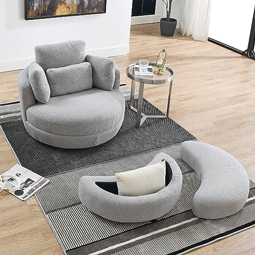 360-Degree Swivel Barrel Chair with Half Moon Storage Ottoman - Sherpa Teddy Accent Chair for Living Room, Bedroom, Office, and Reading Nook