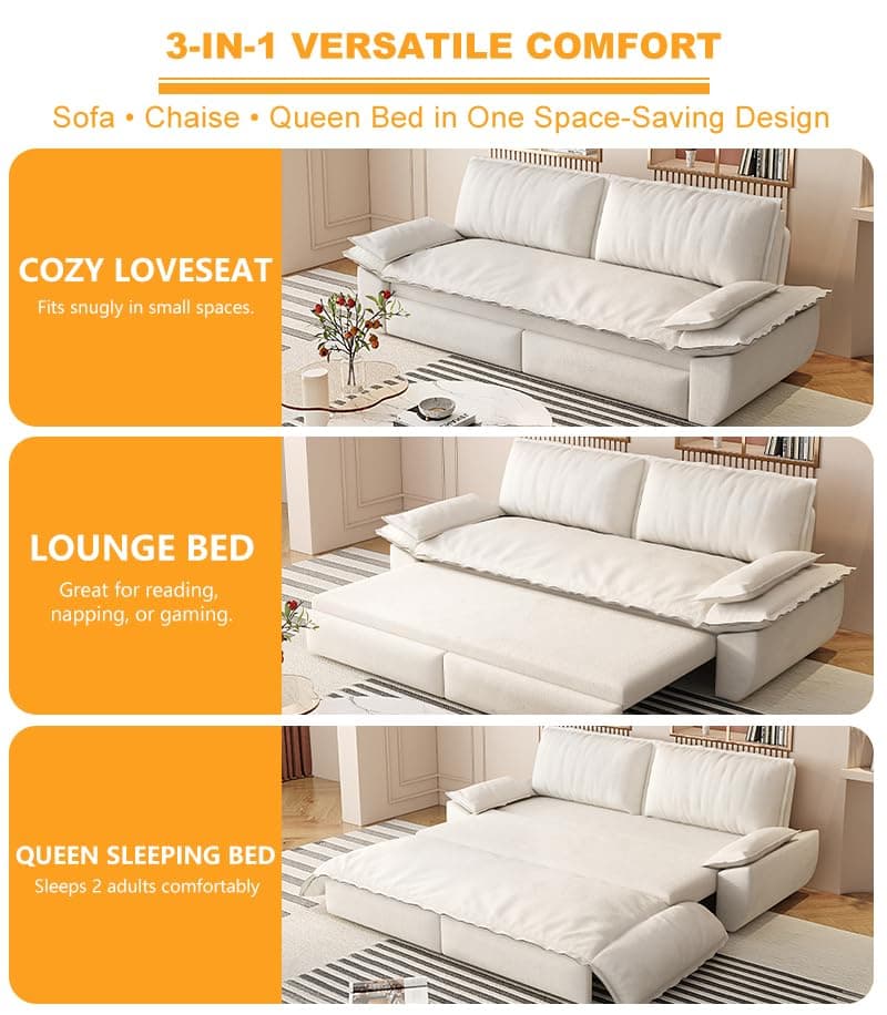 70.1" Queen Size 3-in-1 Convertible Futon Sofa Bed with Cushion Armrest, Modern Velvet Beige Couch for Living Room and S