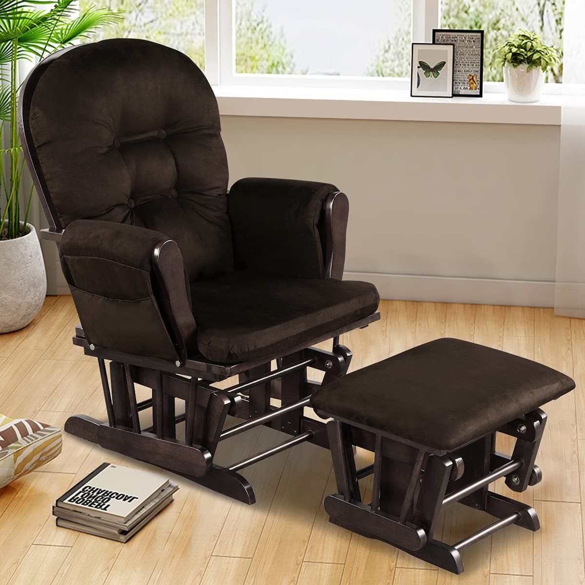 Costzon Brown Wood Glider Rocker with Storage & Padded Arms