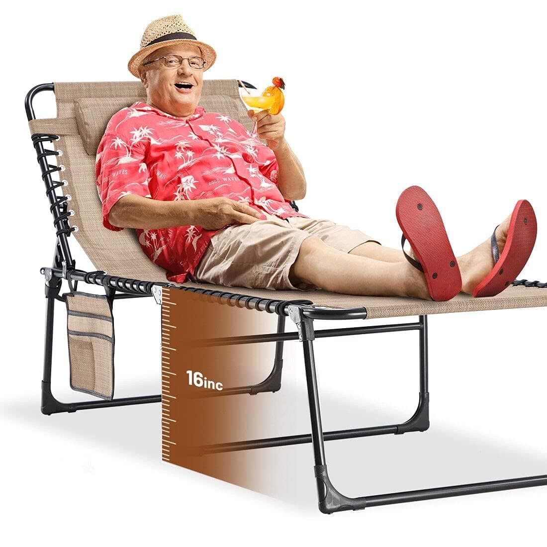 EZCHEER Beige Extra Wide Portable Sunbathing Lounge Chair with Storage Bag