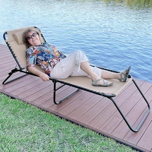 EZCHEER Beige Extra Wide Portable Sunbathing Lounge Chair with Storage Bag