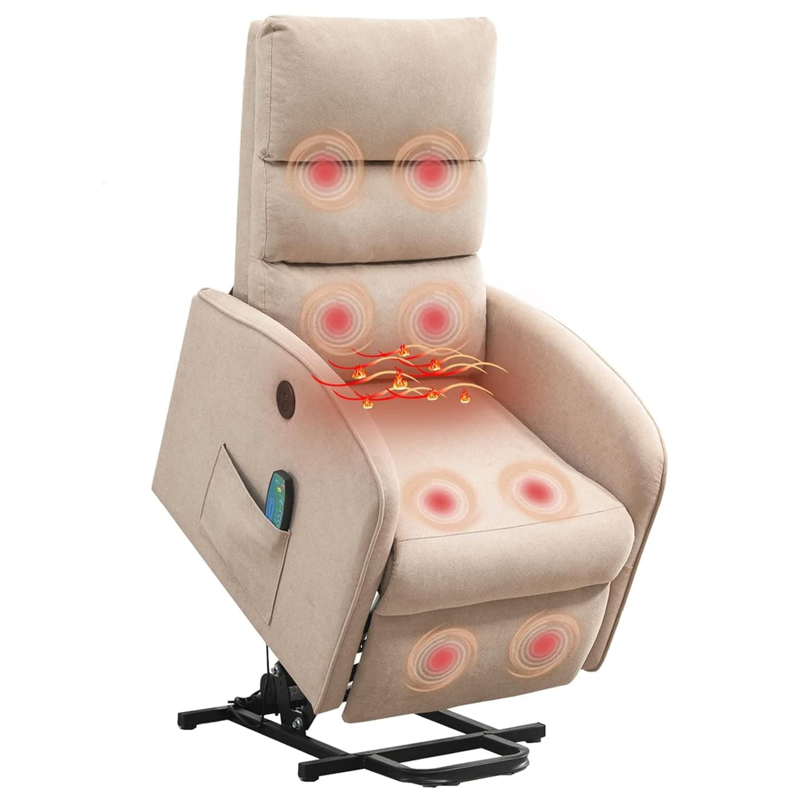 AVAWING Electric Recliner with Heat & Massage for Seniors, Khaki Fabric Side Pocket & USB Port