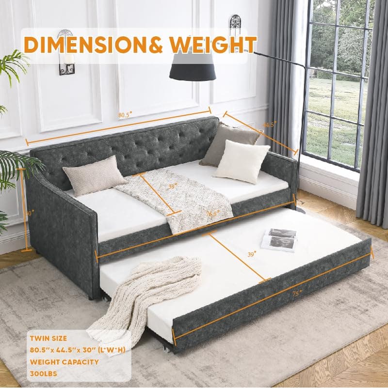 JEEOHEY Modern Tufted Velvet Daybed with Trundle, Twin Size, Grey