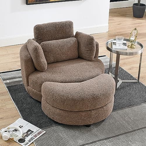 360° Swivel Barrel Chair with Half Moon Ottoman - 39W Sherpa Teddy Upholstered Accent Chair for Living Room, Bedroom, Office, and Reading Nook