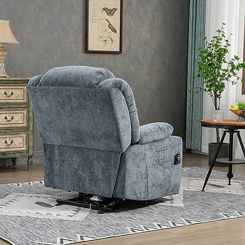 Chenille Blue Power Lift Recliner with Full-Body Massage and Heat