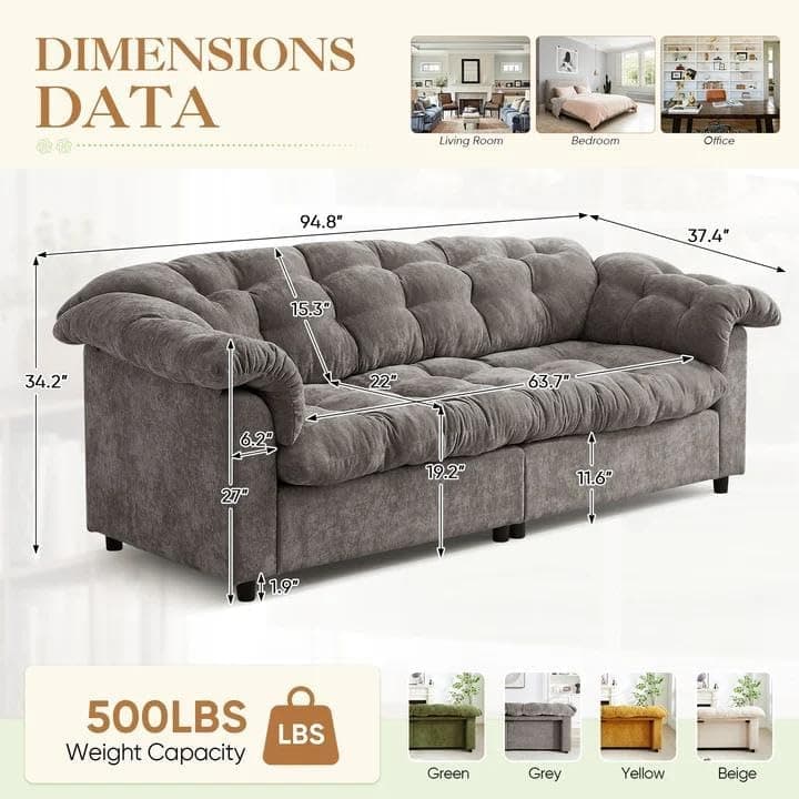 JEEOHEY Modern Sofa Couch, 99" W Chenille Tufted Fluffy Comfy Cloud Couch with Tutfted Design & Armrest Pillows, Upholstered Oversized Loveseat Sofa for Living Room, Bedroom, Office, Apartment, Grey
