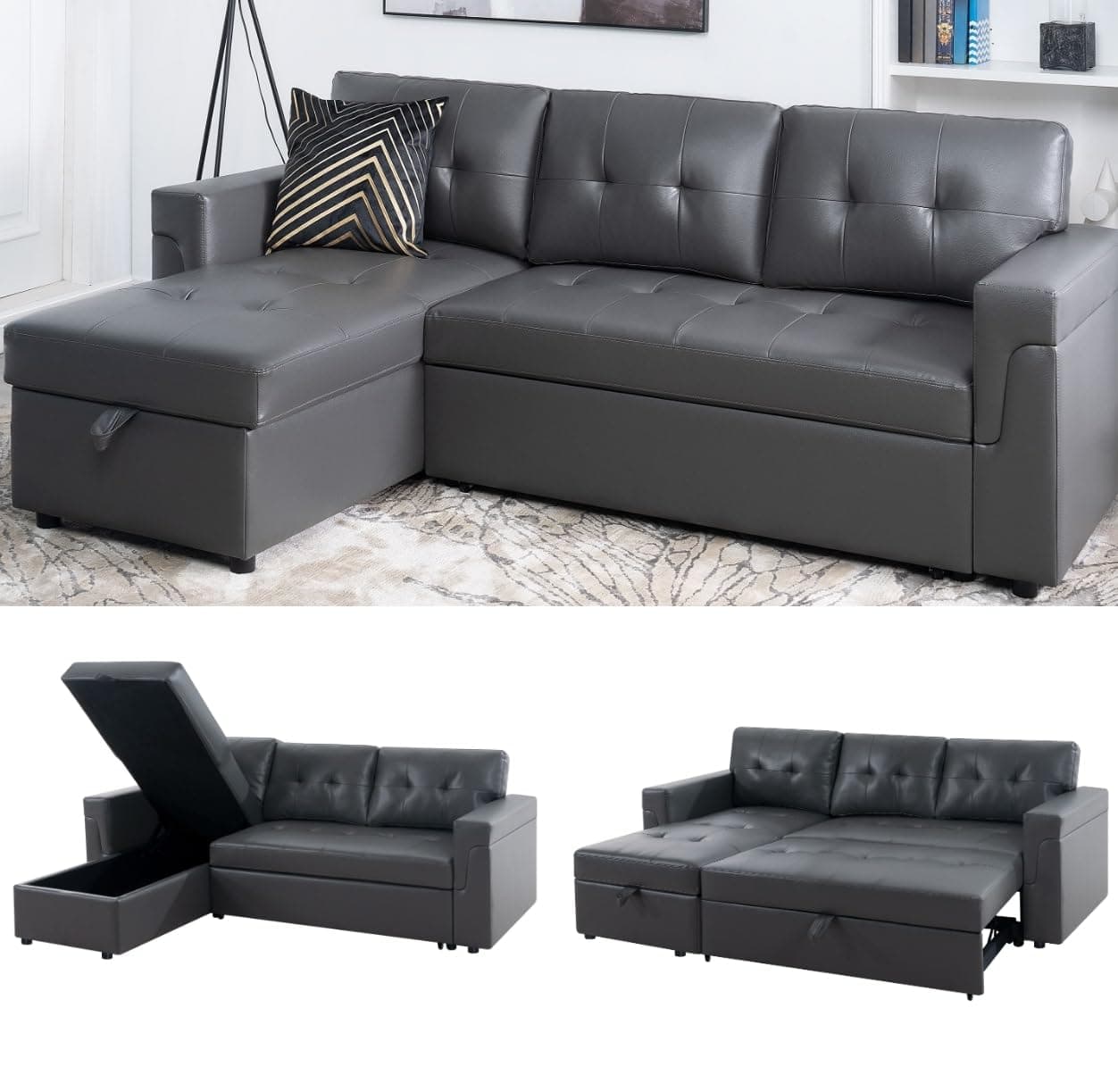 Naomi Home Dark Gray/Air Leather Sleeper Sectional Sofa Bed & Chaise - Tranquil Comfort