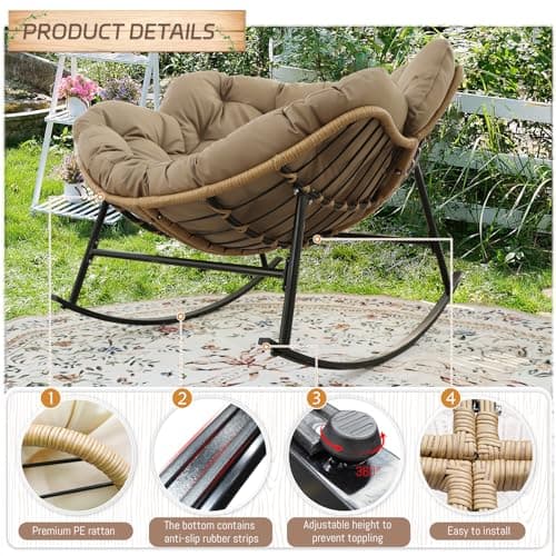 BULEXYARD Brown Wicker Royal Rocking Egg Chair, Oversized & Cozy for Balcony & Porch
