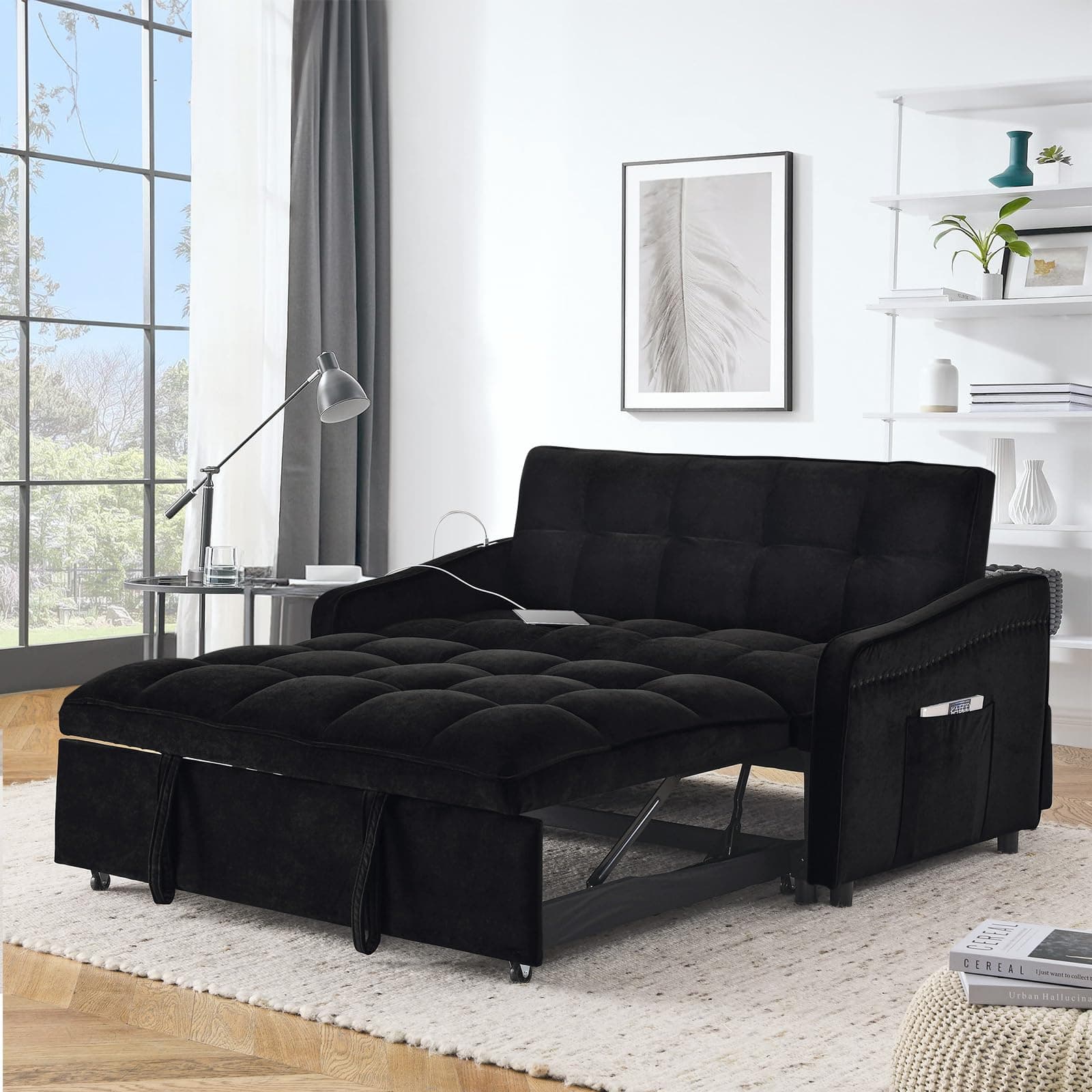 Sleeper Sofa with USB Port and Pull Out Bed for Small Spaces (Black)