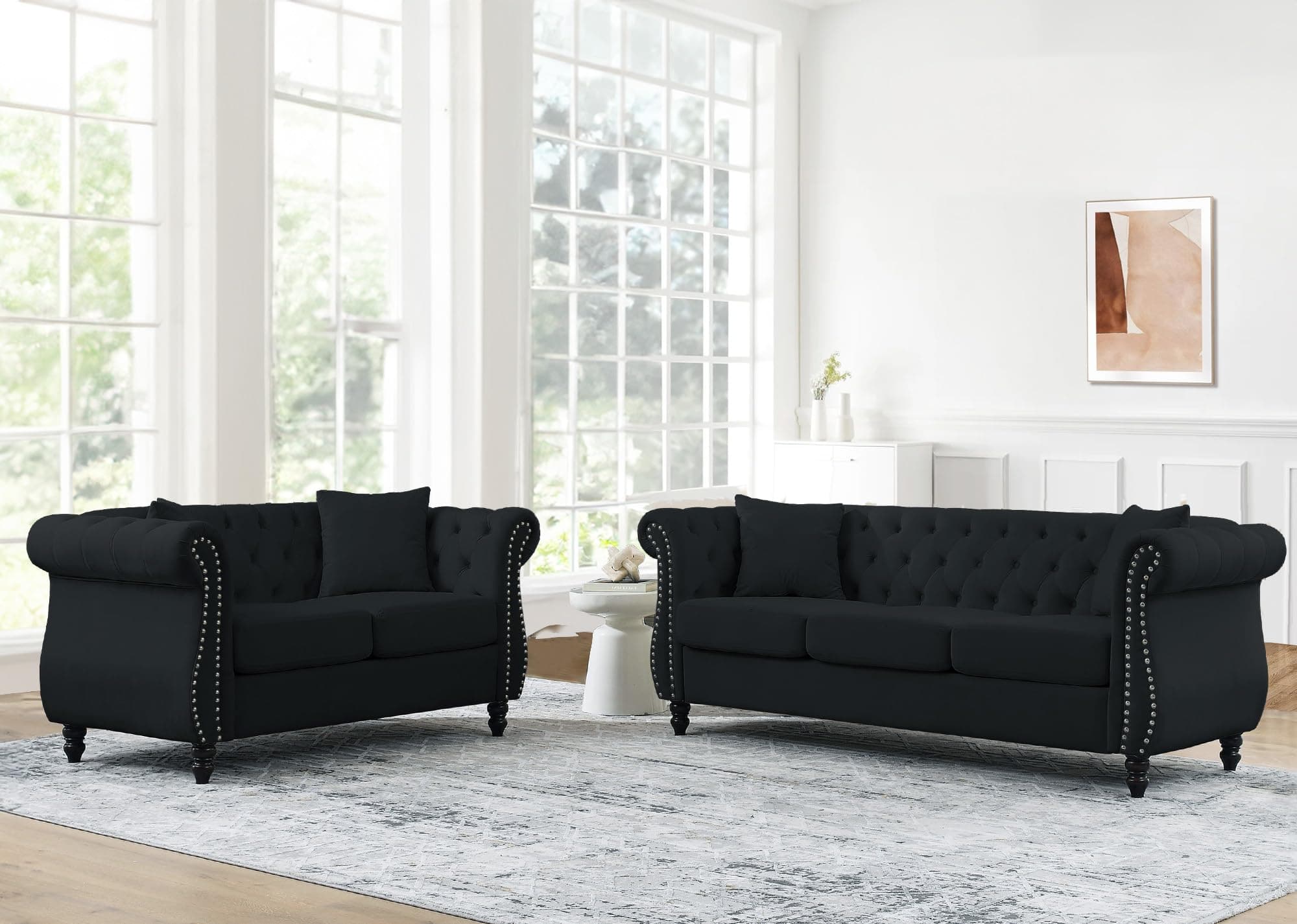 JEEOHEY Chesterfield Sofa Set, 2 Pieces Velvet Sofa with Rolled Arms & Nailhead Trim, Comfy 2/3 Seater, Oversize Modern Couch (Black)