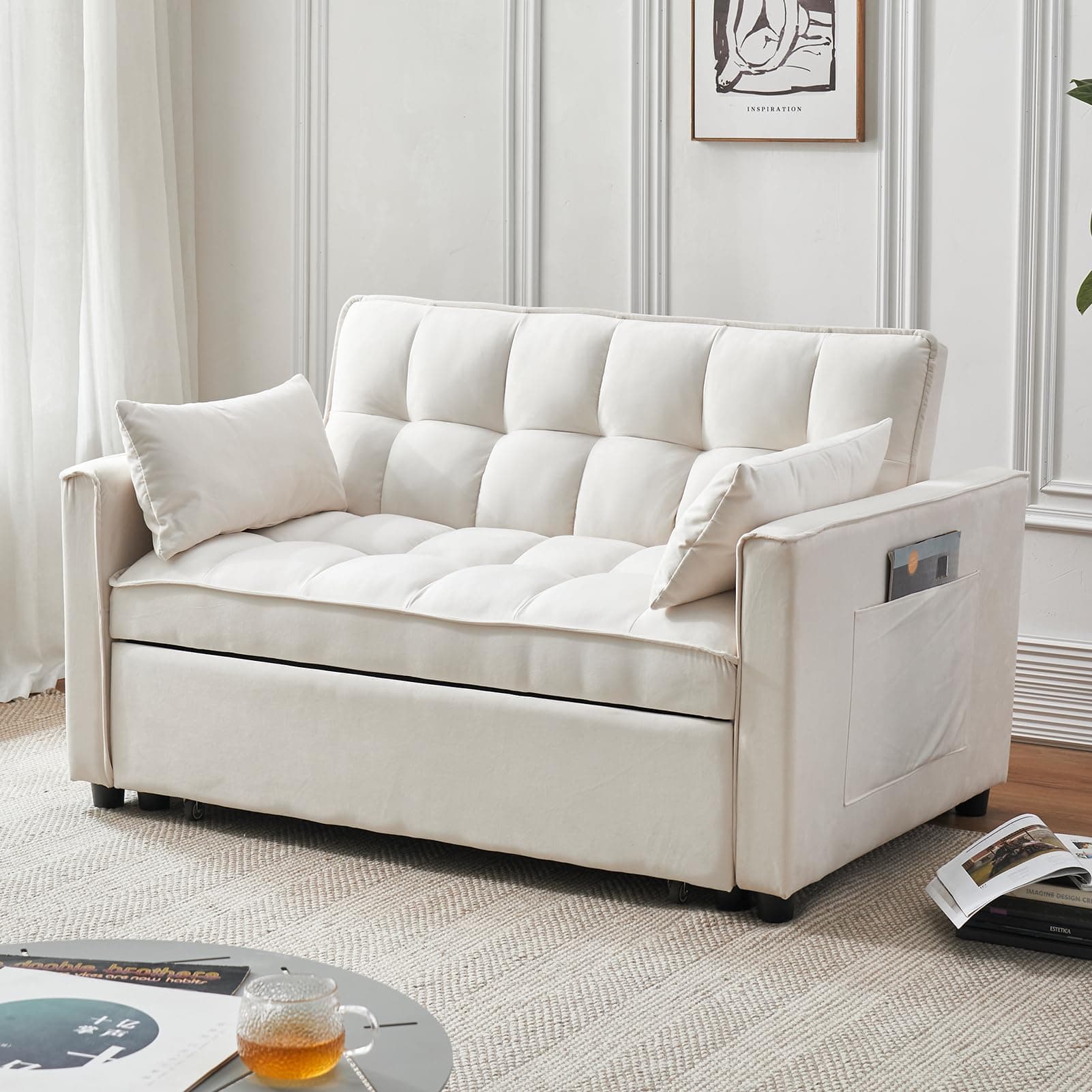 Modern 3-in-1 Futon Sofa Bed with Storage and Adjustables (Beige)