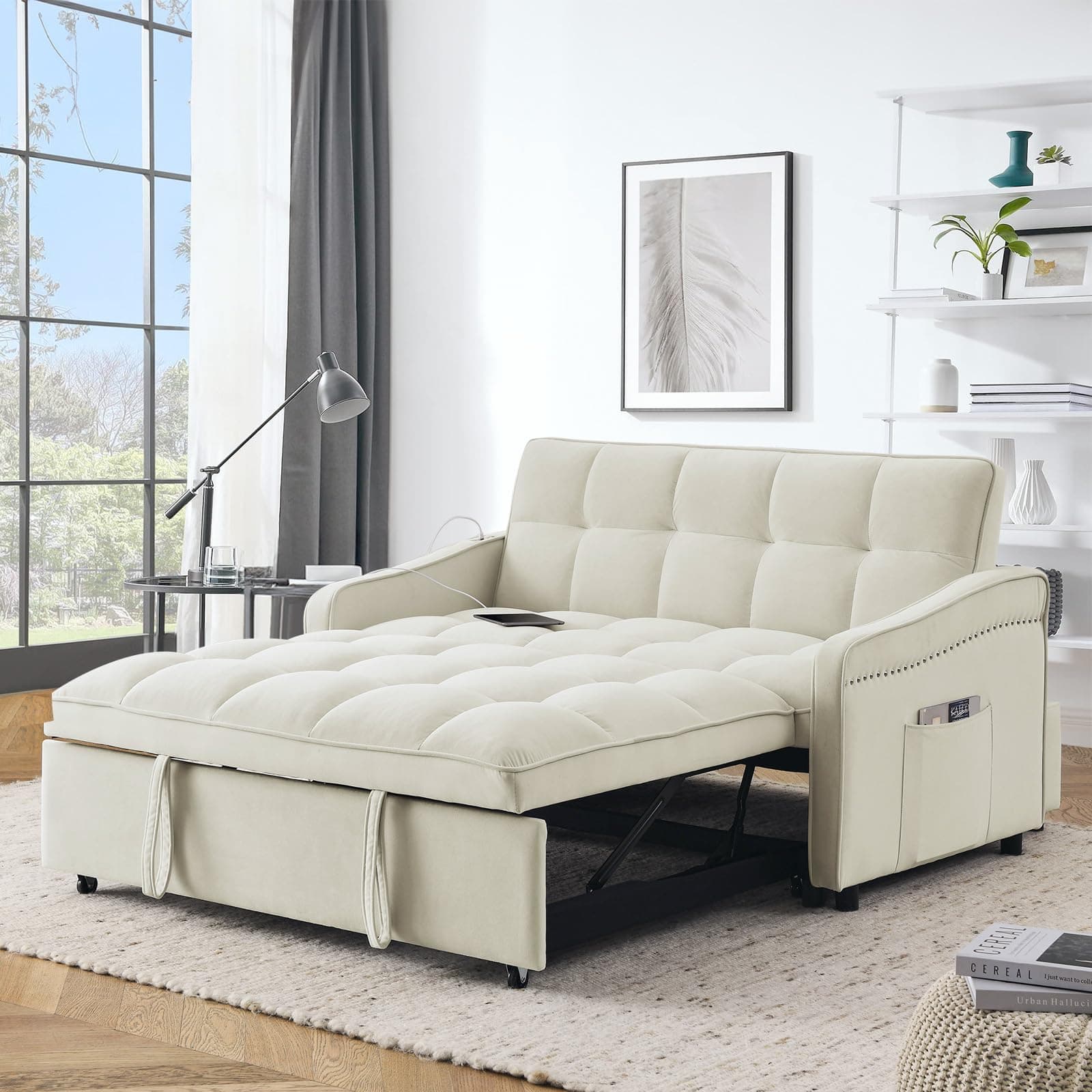 Modern Velvet Sleeper Sofa Couch with Type C, USB Port and Pull Out Bed