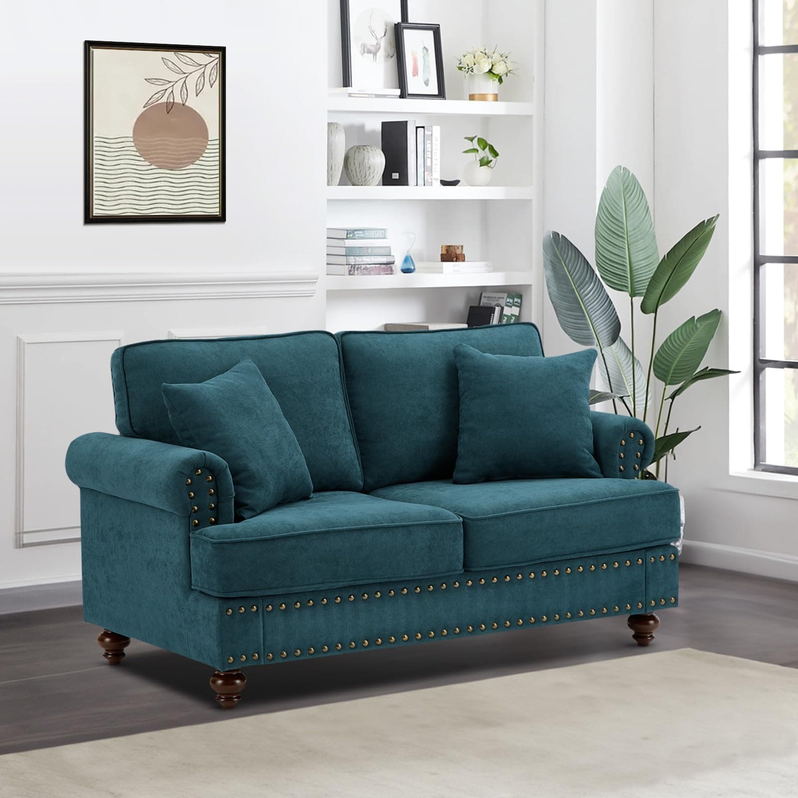 Comfy 2-Seater Love Seat Sofa in Green Chenille Fabric for Small Spaces