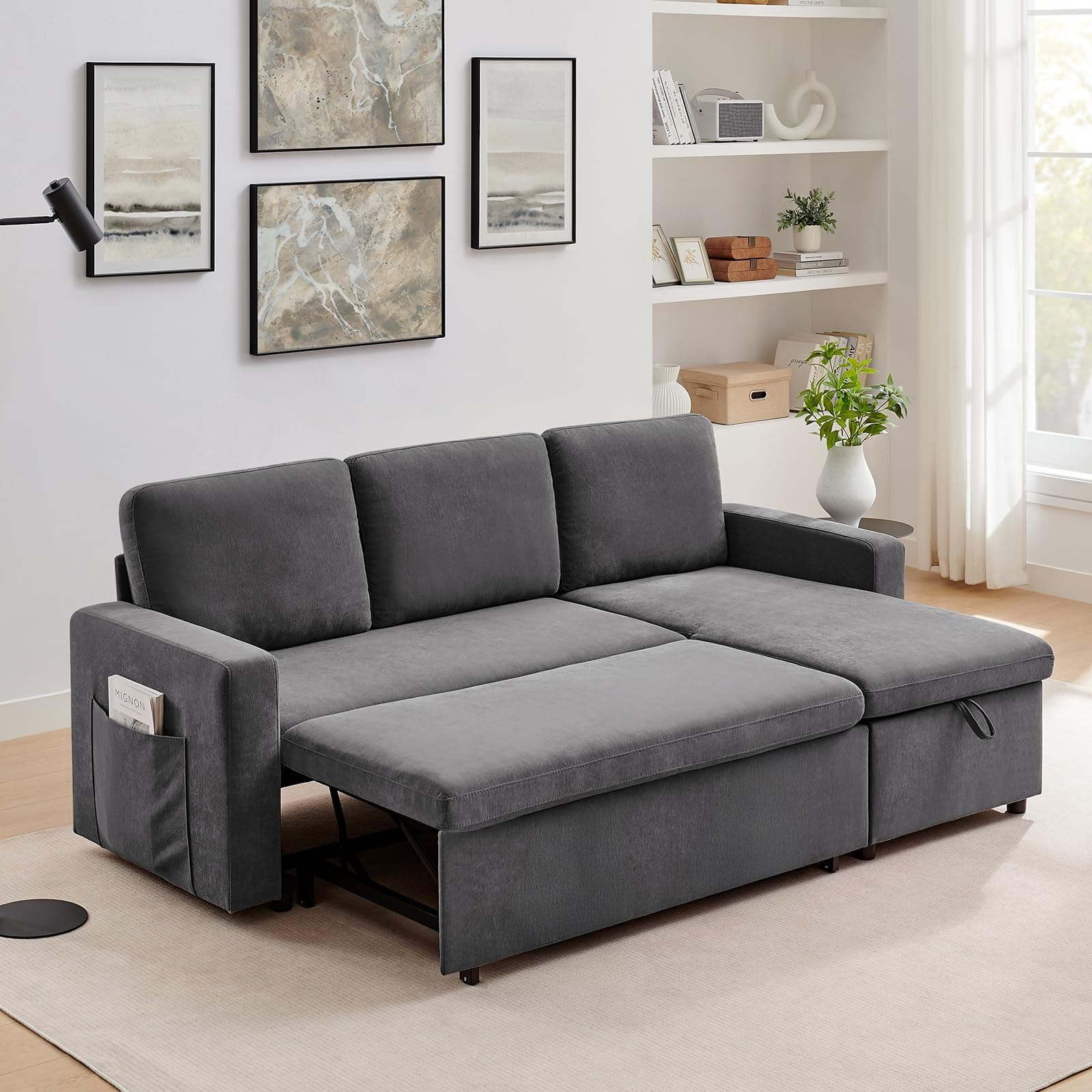 85'' Pull-Out Sleeper Sofa Bed with Detachable Chenille Cover - Ideal for Living Room, Office, or Apartment in Grey