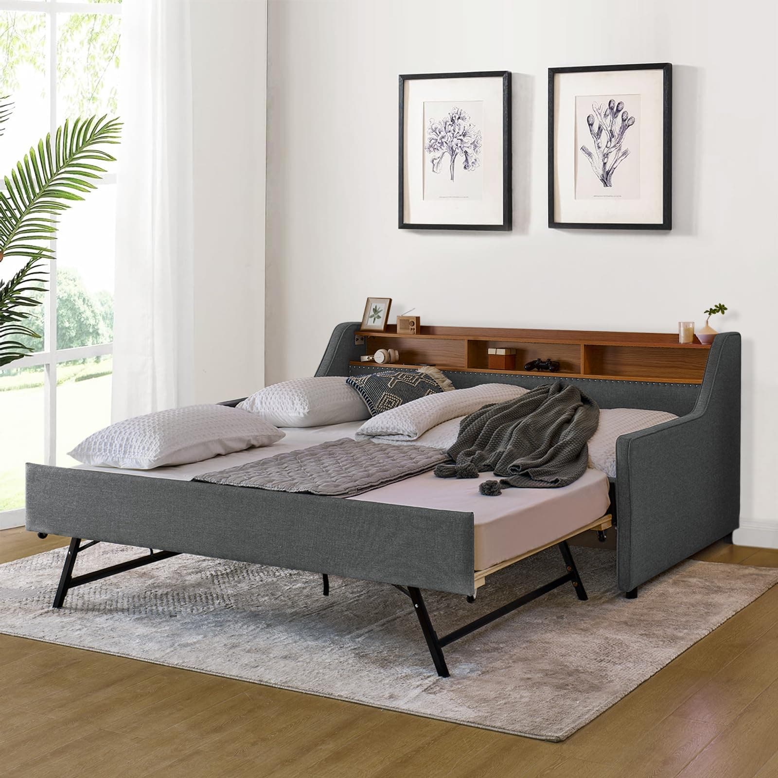 Daybed with Pop Up Trundle and Charging Station, King Size Upholstered Day Bed for Living Room or Bedroom (Grey)
