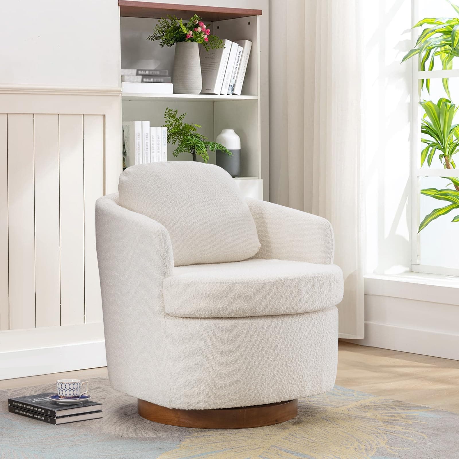 JEEOHEY 30 Ivory Swivel Barrel Chair - Modern Boucle Accent Chair for Nursery, Living Room, Bedroom, Club