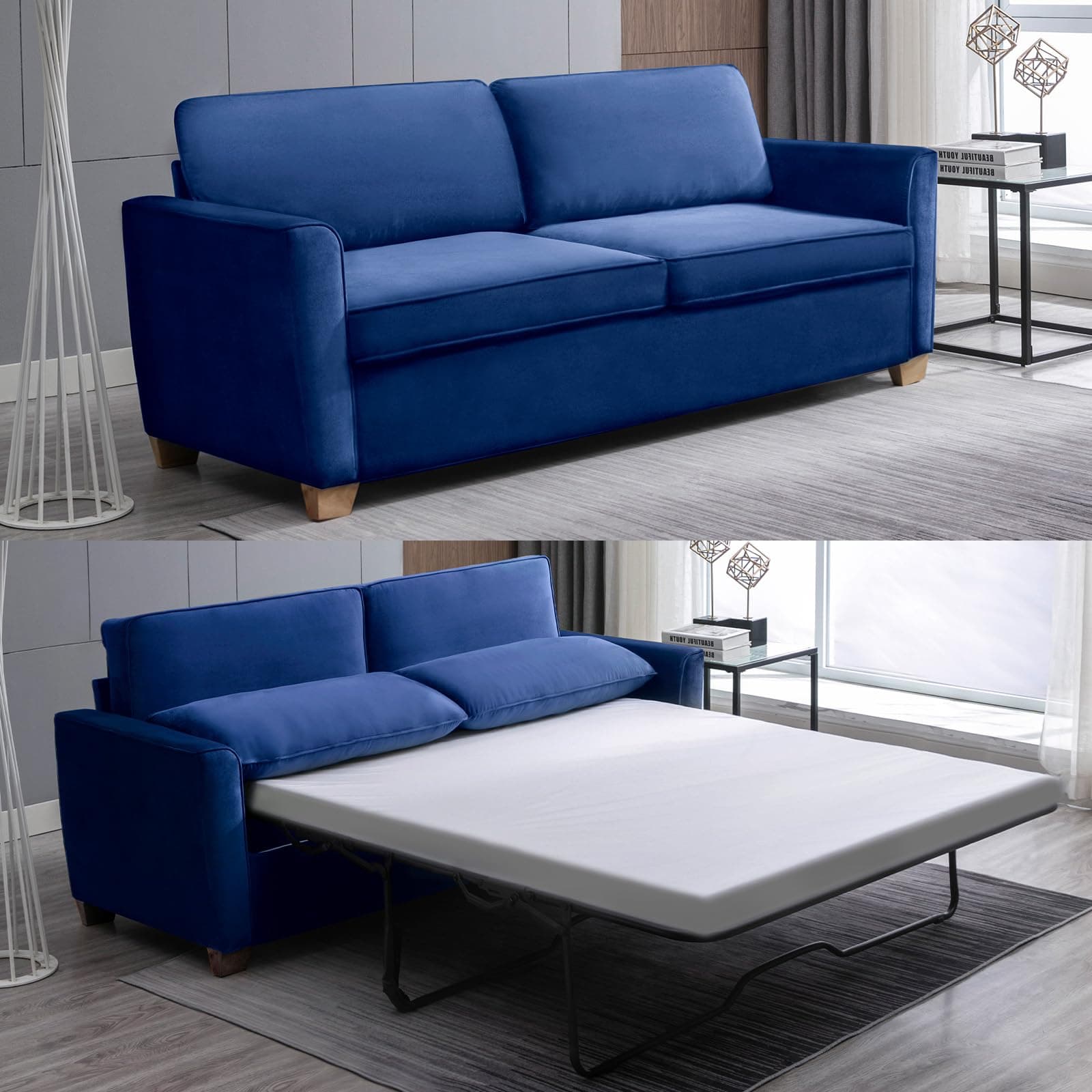 ZAFLY 77" Pull Out Sofa Bed, Memory Foam Mattress - Blue