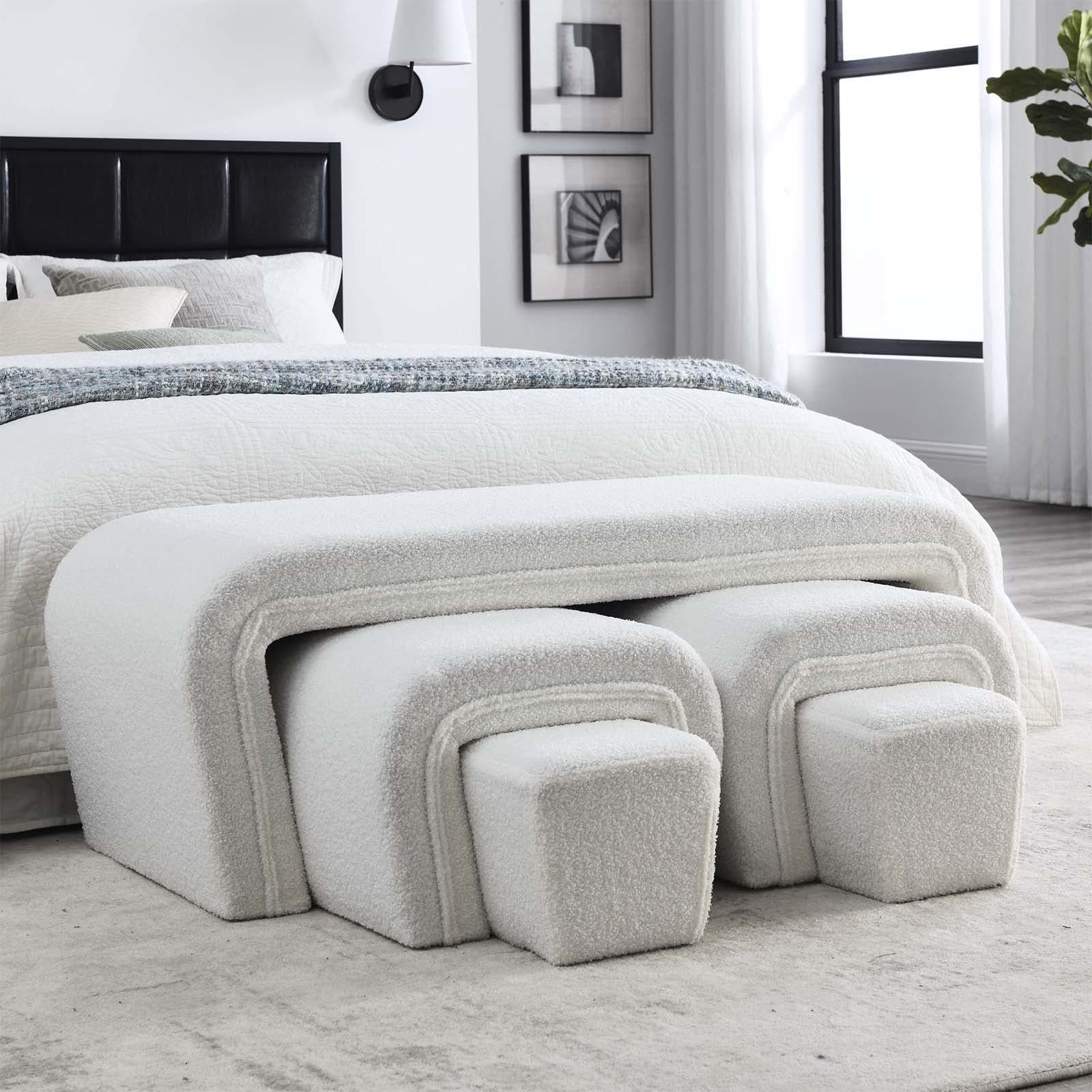 Upholstered Ottoman Bench Set with 2 Small Stools and Footrests