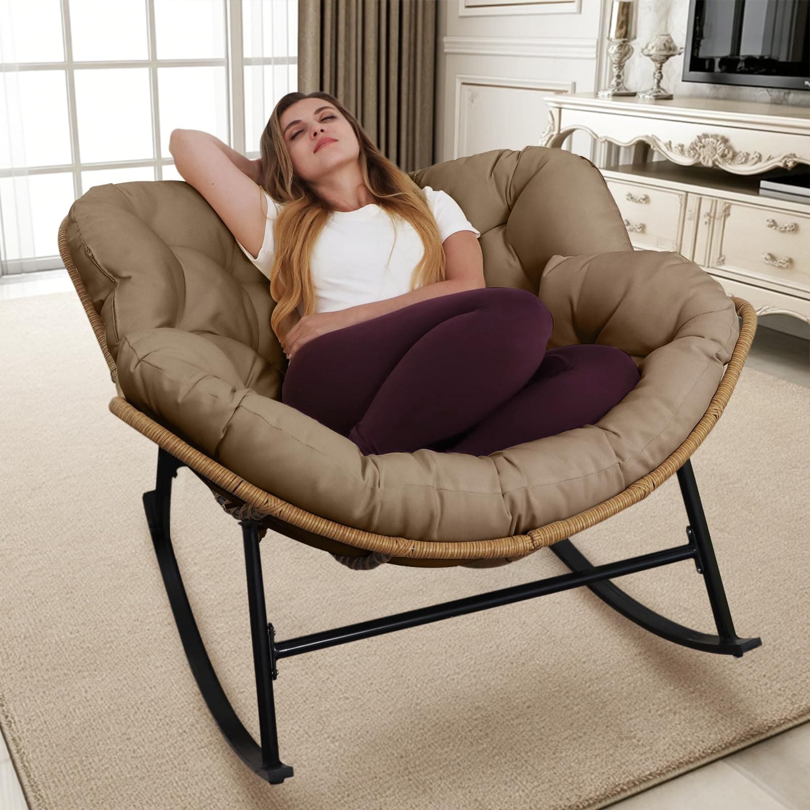 BULEXYARD Brown Wicker Royal Rocking Egg Chair, Oversized & Cozy for Balcony & Porch