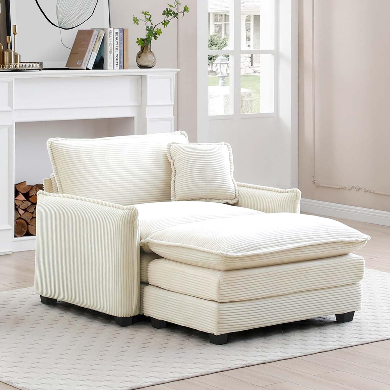 Beige Oversized Corduroy Chaise Lounge with Ottoman & Recline