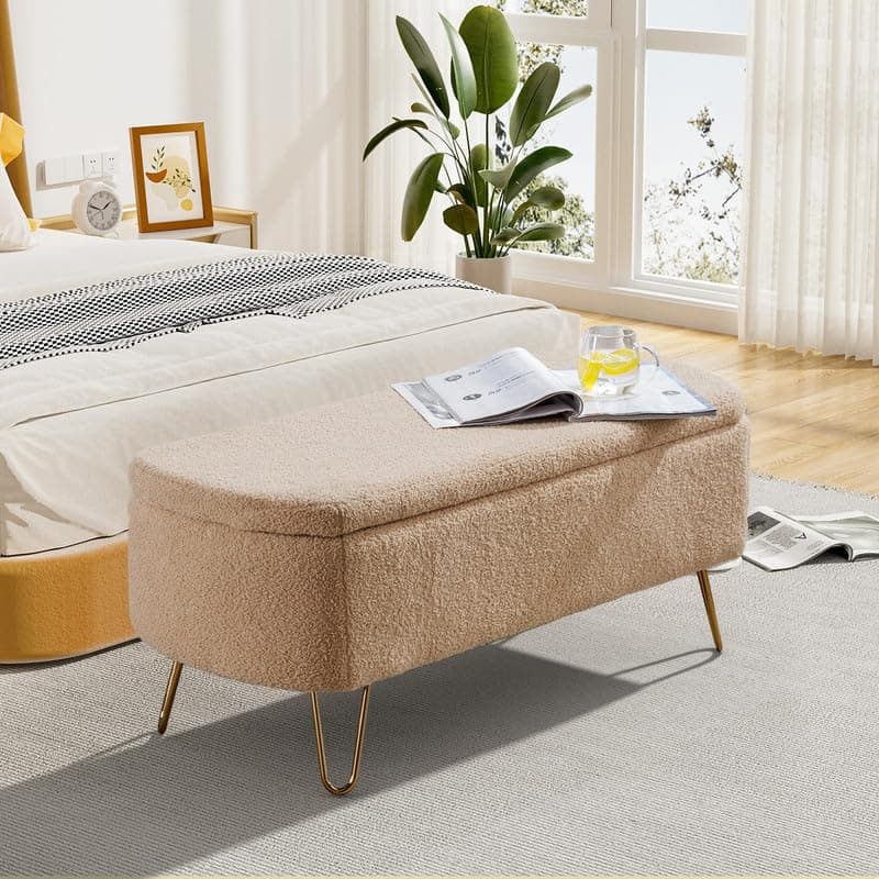Sherpa Upholstered Storage Ottoman Bench with Gold Legs