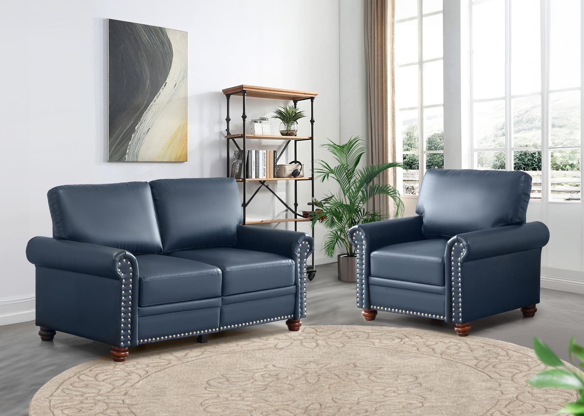 Chesterfield Living Room Furniture Set with Storage, Navy Blue