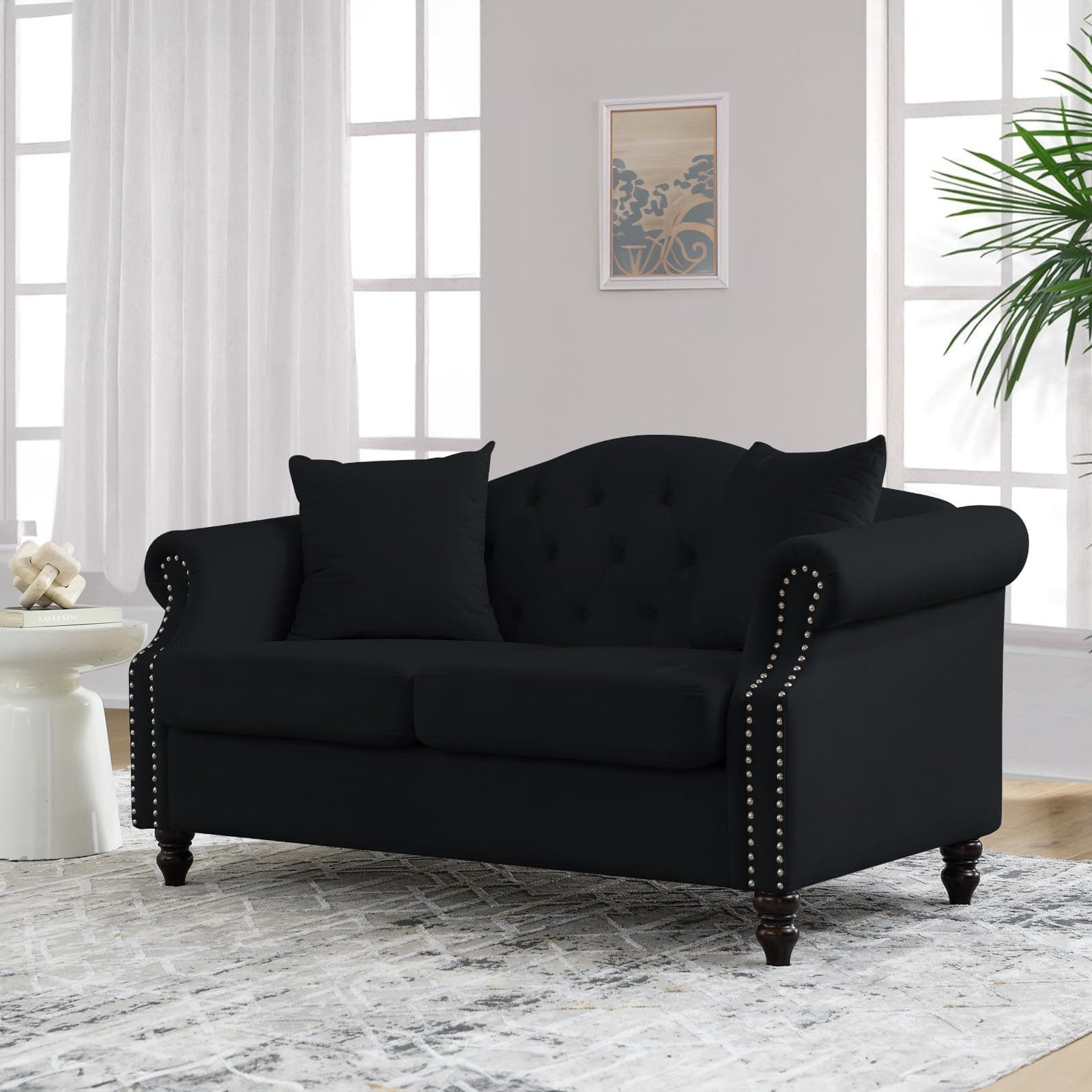 57 Button Tufted Velvet Loveseat Sofa in Black for Living Room, Bedroom, Office, Apartment