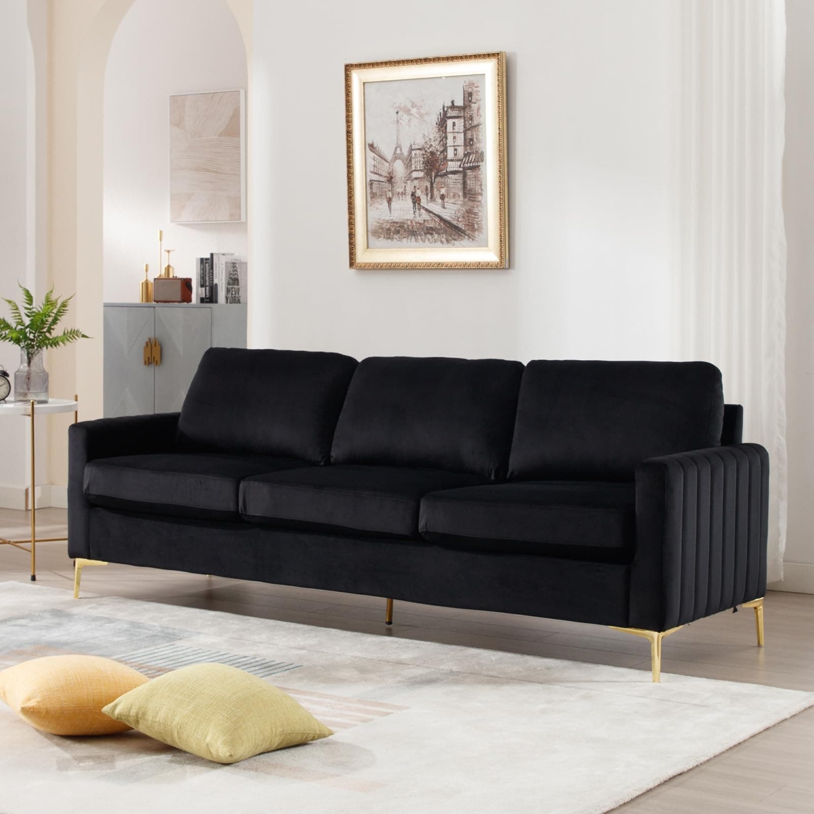 JEEOHEY Velvet Sofa Couch,85 Comfy 3 Seater Sofa with Metal Legs - Black