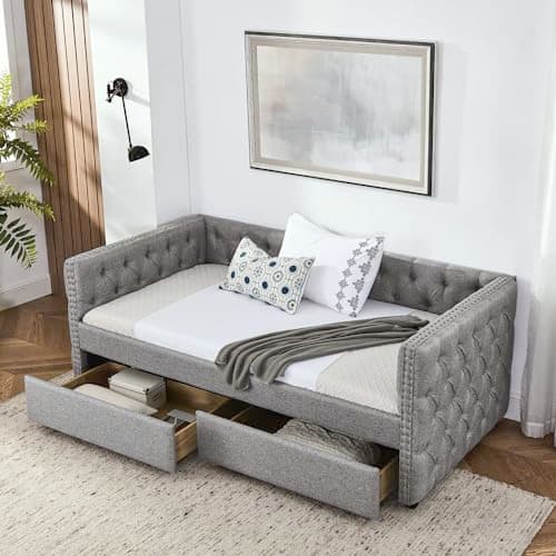 Velvet Upholstered Twin Daybed with Storage Grey (No Box Spring)