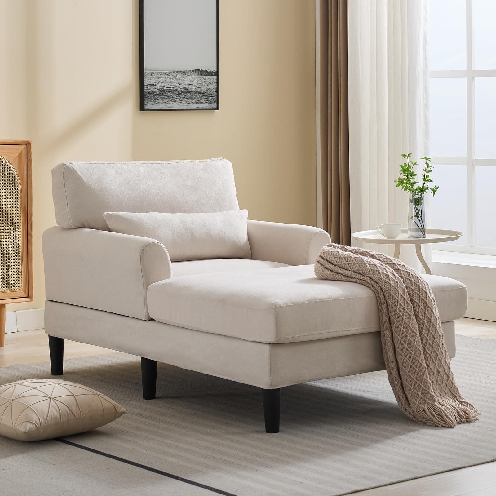 Mjkone Beige 61" Velvet Chaise Lounge Chair - Modern Sleek Recliner