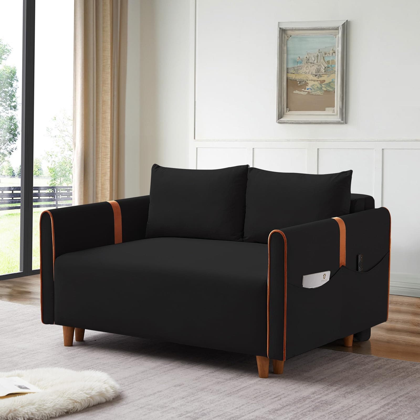 Convertible Sleeper Sofa Bed with Pull Out Bed, Comfy Velvet Loveseat Couch Bed with Storage, Pillows for Living Room, Apartment, Black