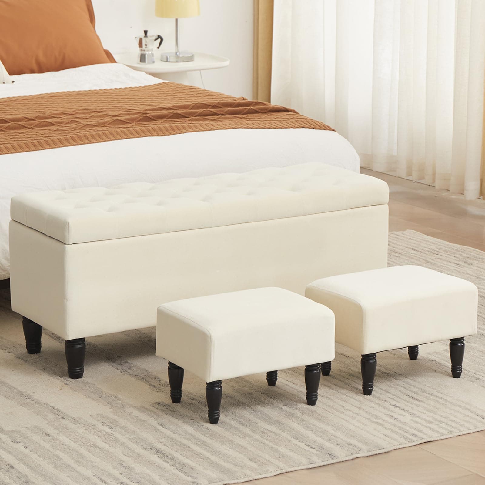 Off White Bedroom Bench with 2 Ottoman Footrests and Storage