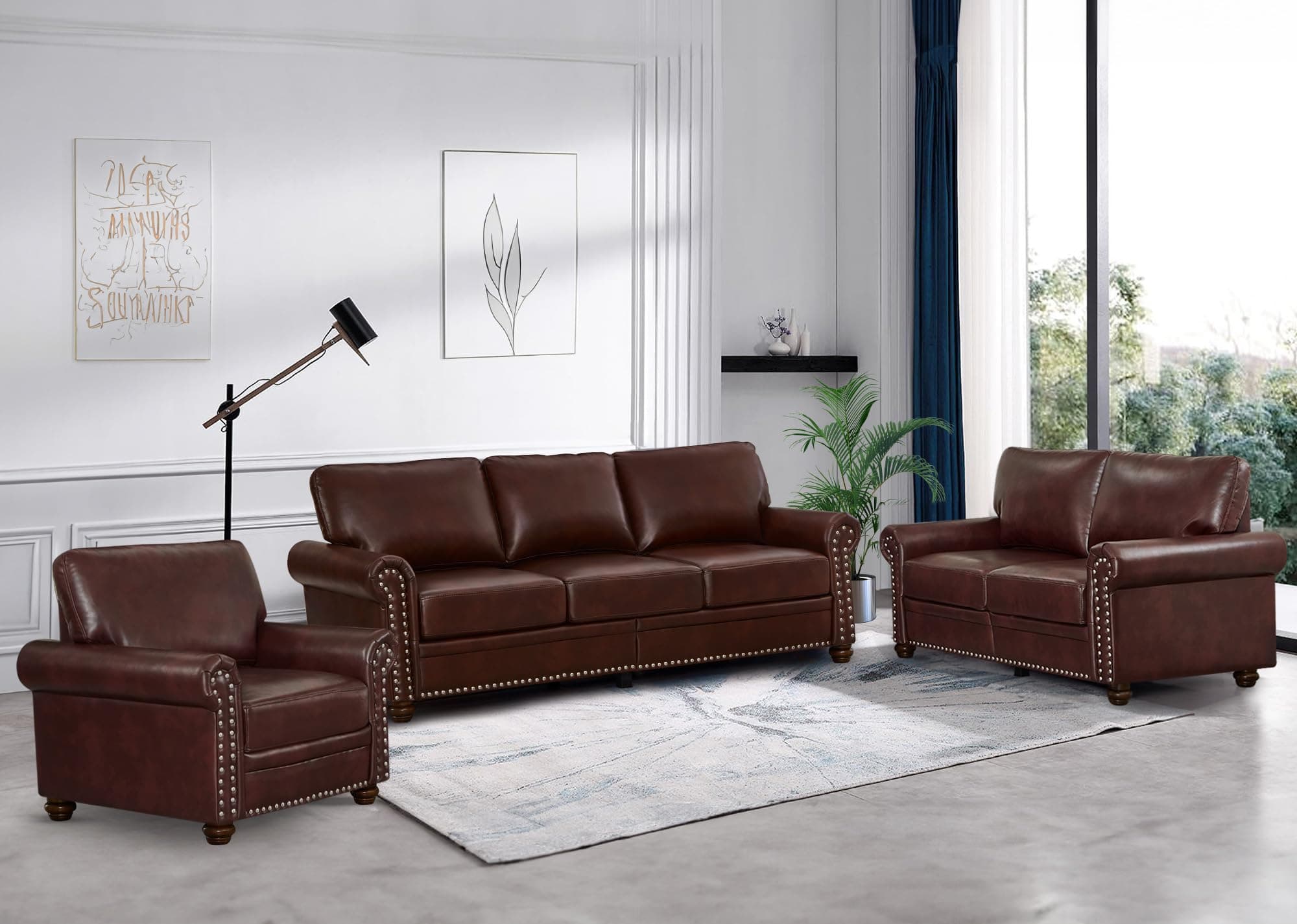 Burgundy Mid Century Faux Leather Sofa Set with Storage & Nailhead Trim