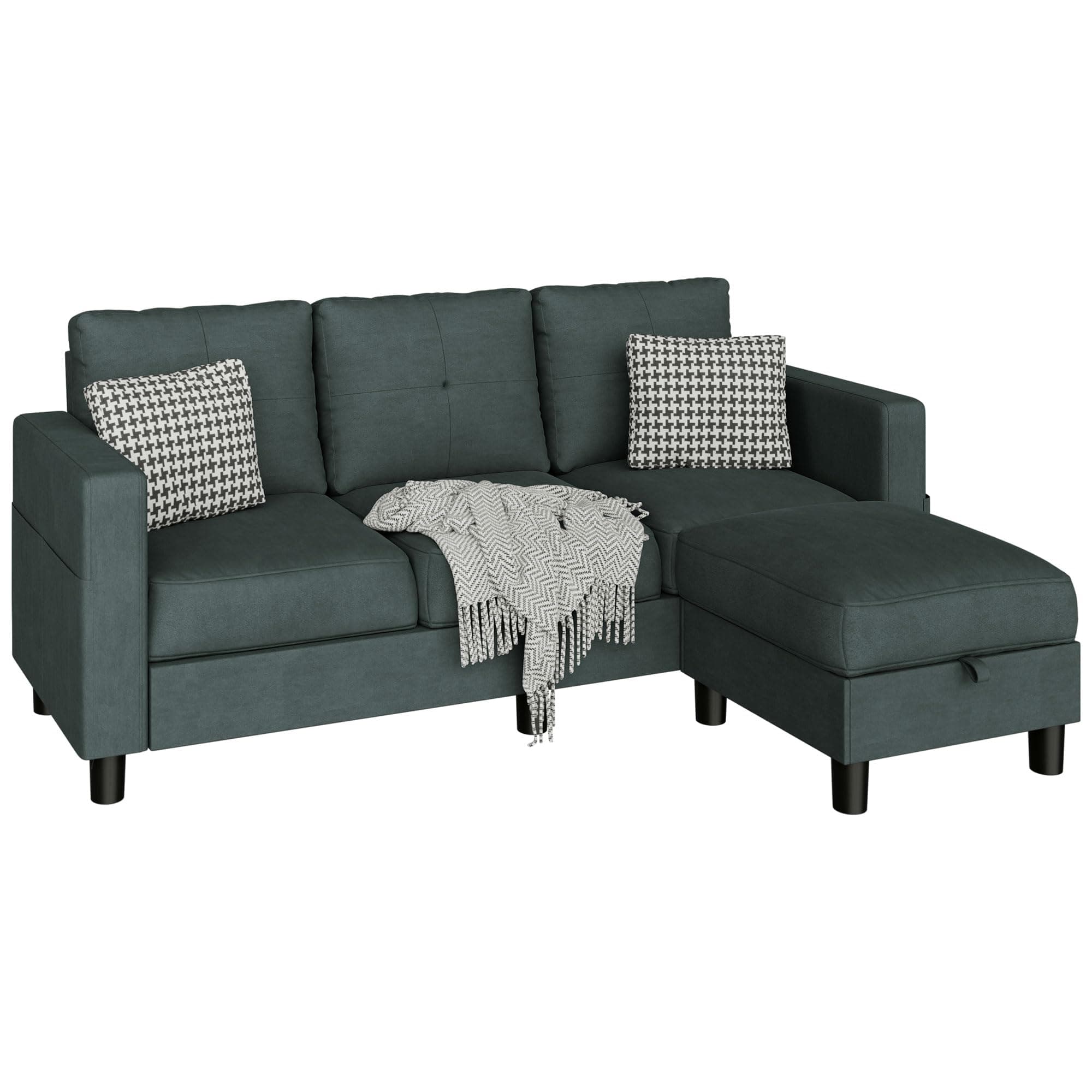 JAMFLY 3-Seat L-Shaped Sectional Sofa with Ottoman, Blue