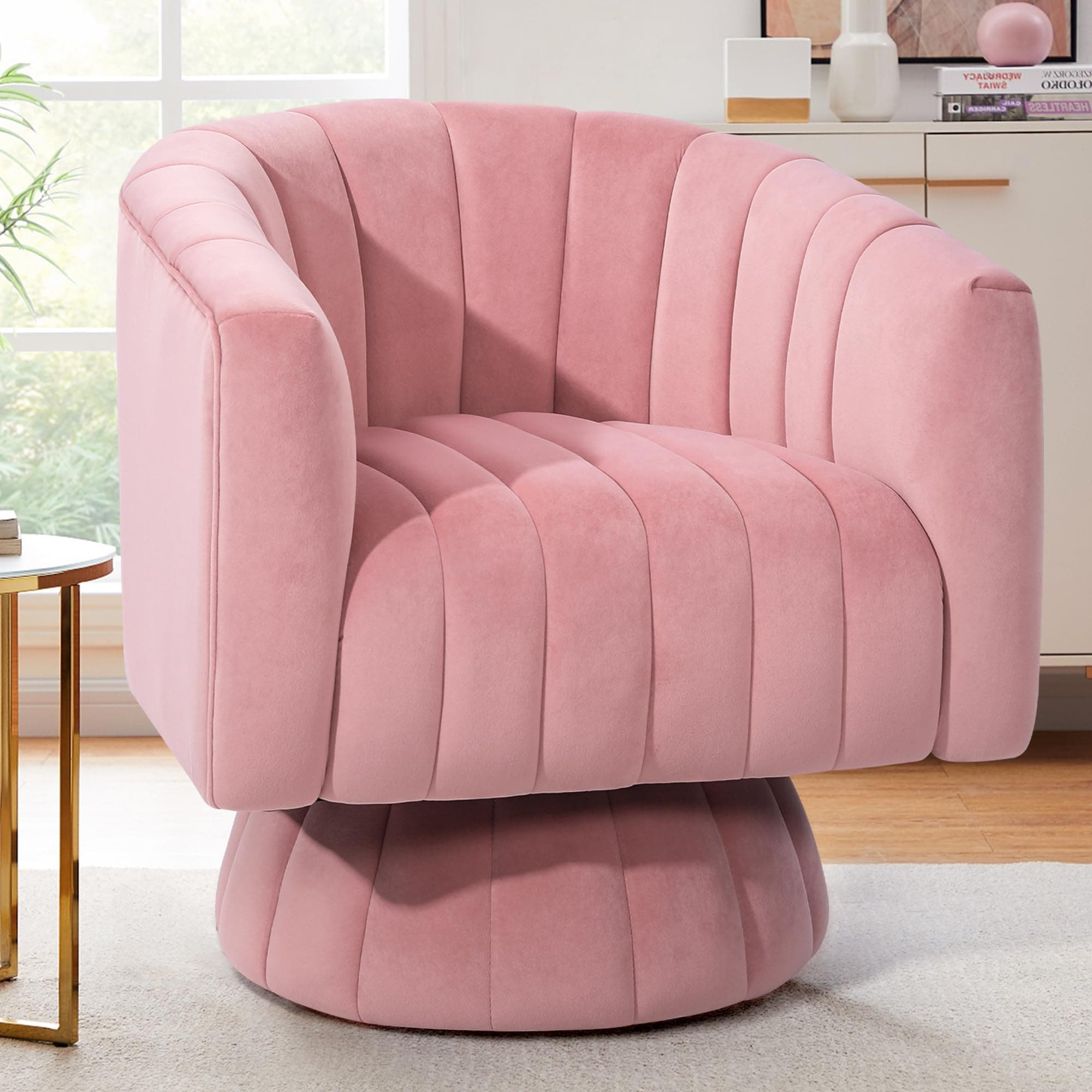 Pink Velvet Swivel Barrel Chair with Armrest, Ideal for Bedroom, Teens, or Nursery