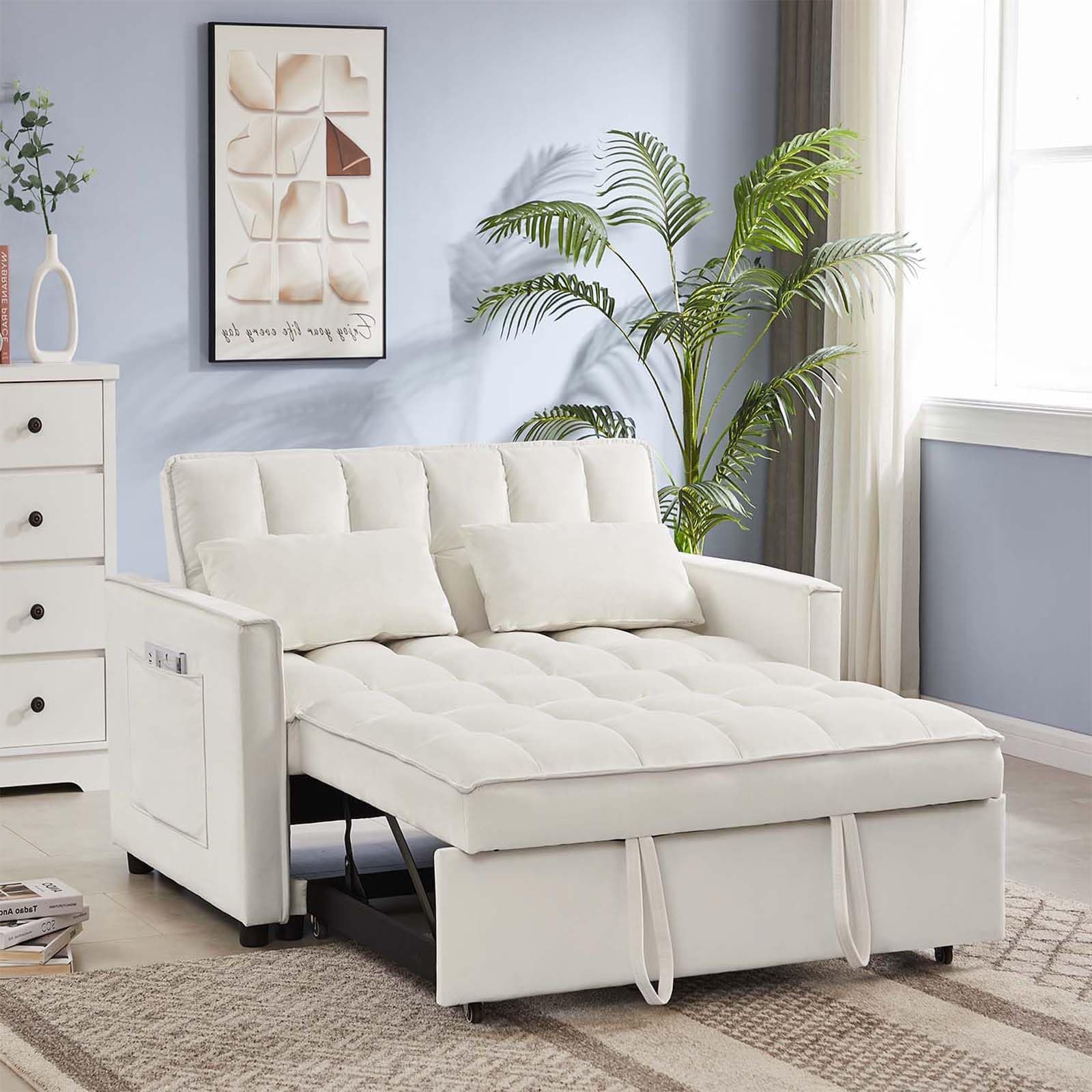 JEEOHEY Off White Convertible Sleeper Sofa Bed, Modern Velvet 53" Sofa Bed for Small Space & Living Room