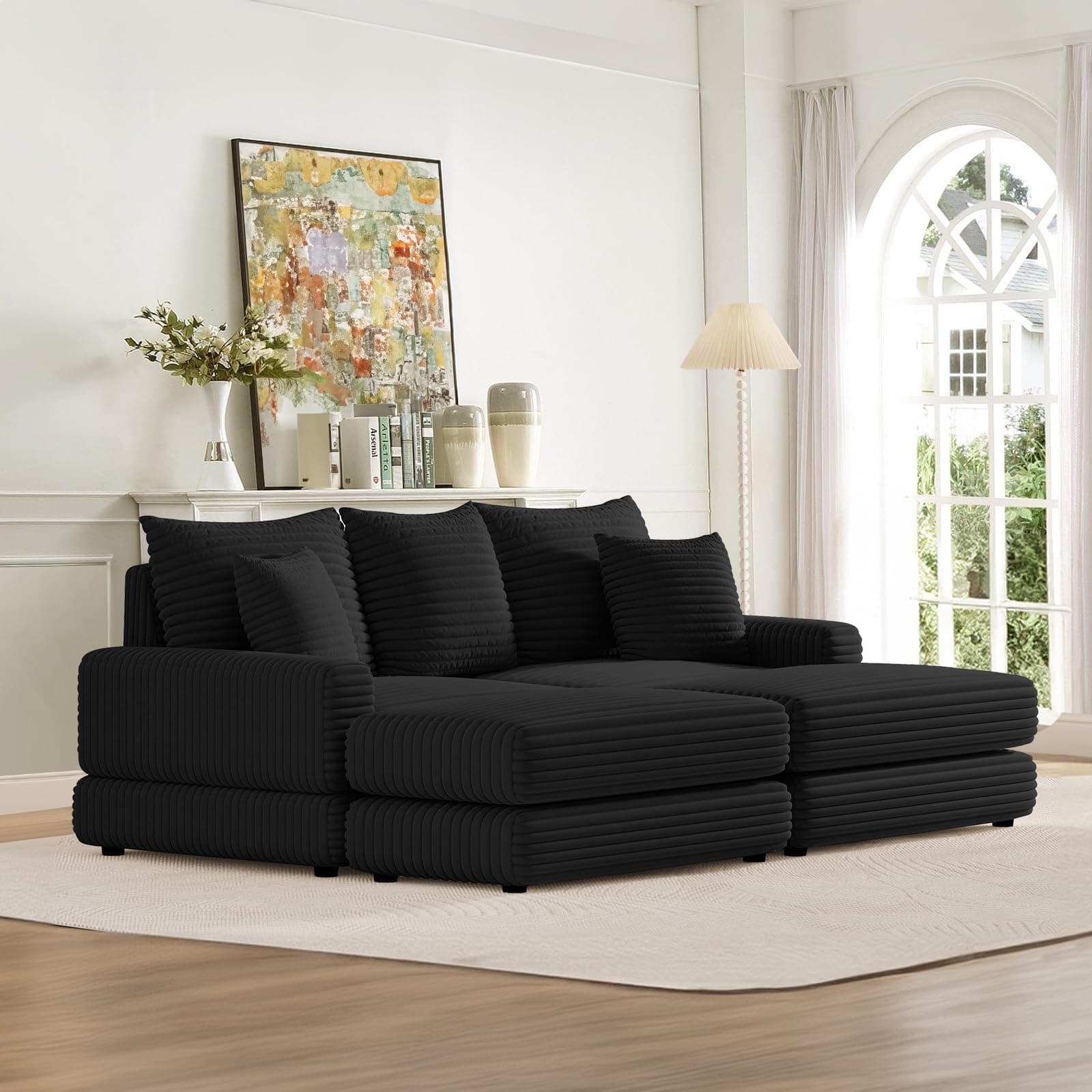 Oversized Chaise Lounge Chair Indoor with Ottoman, Corduroy Upholstered Comfy Sofa for Living Room, Bedroom, Office (Black)