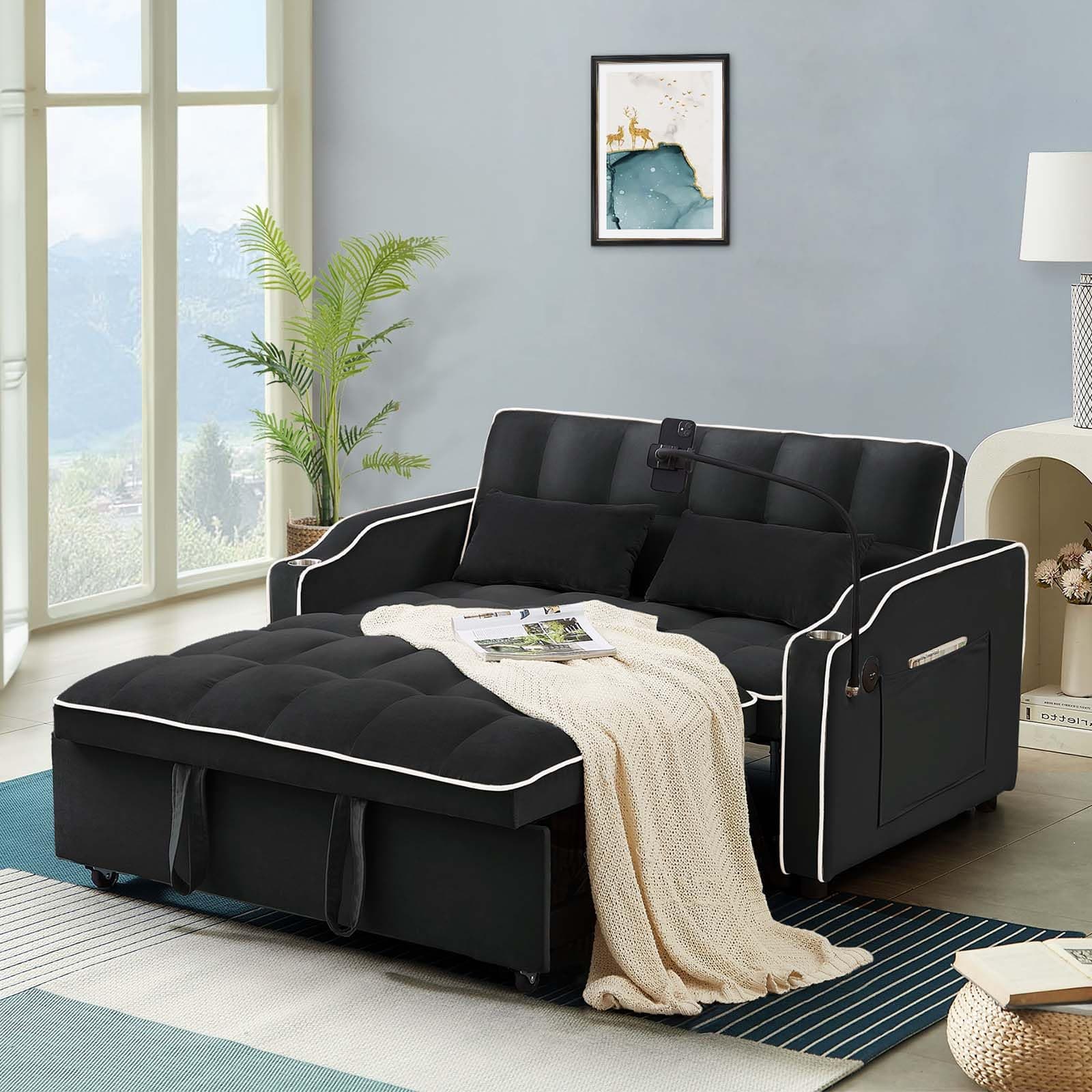 Modern Black Velvet 3-in-1 Sleeper Sofa Bed with USB Ports & Adjustable Backrest