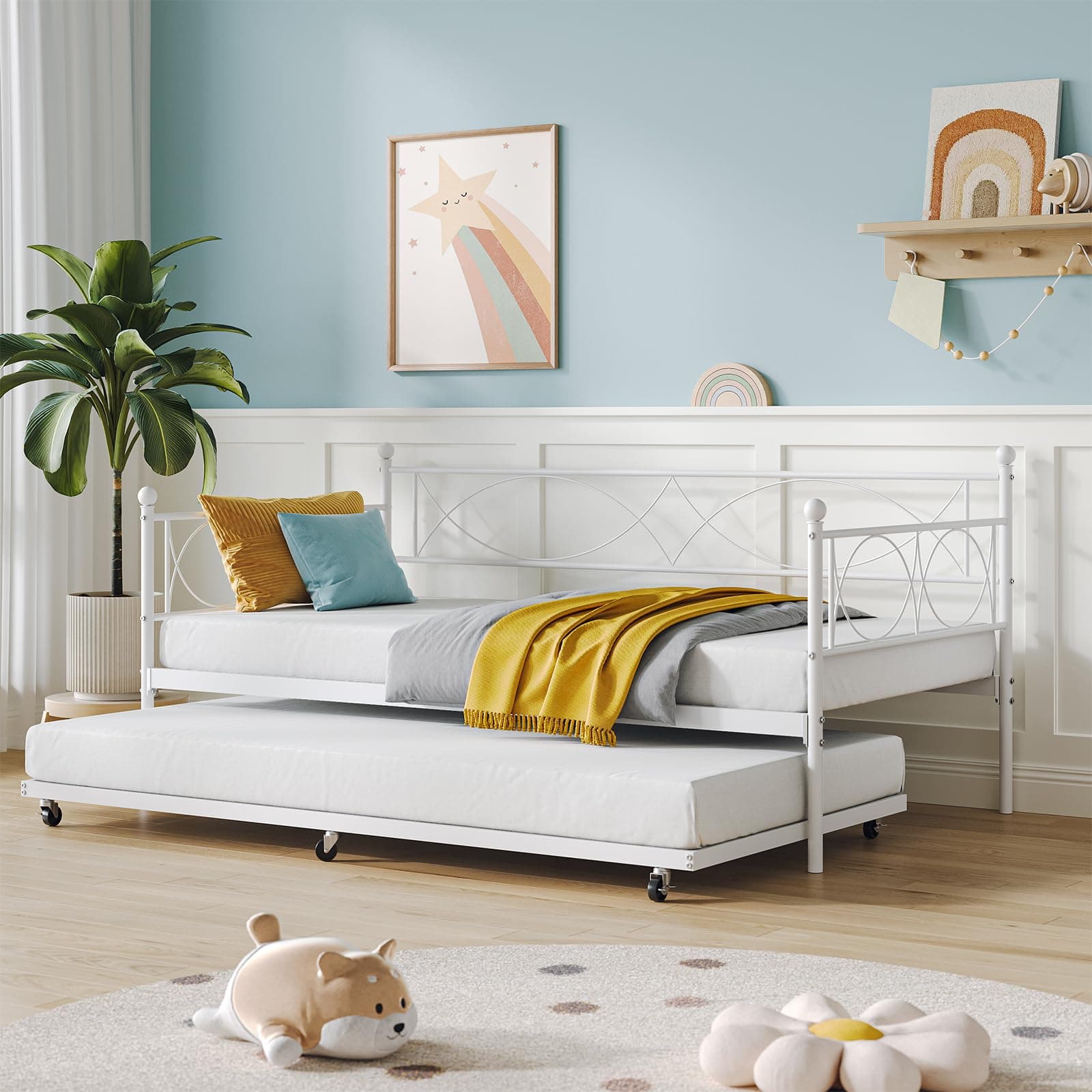 IDEALHOUSE Metal Twin Daybed with Trundle, Multifunctional Bed Frame