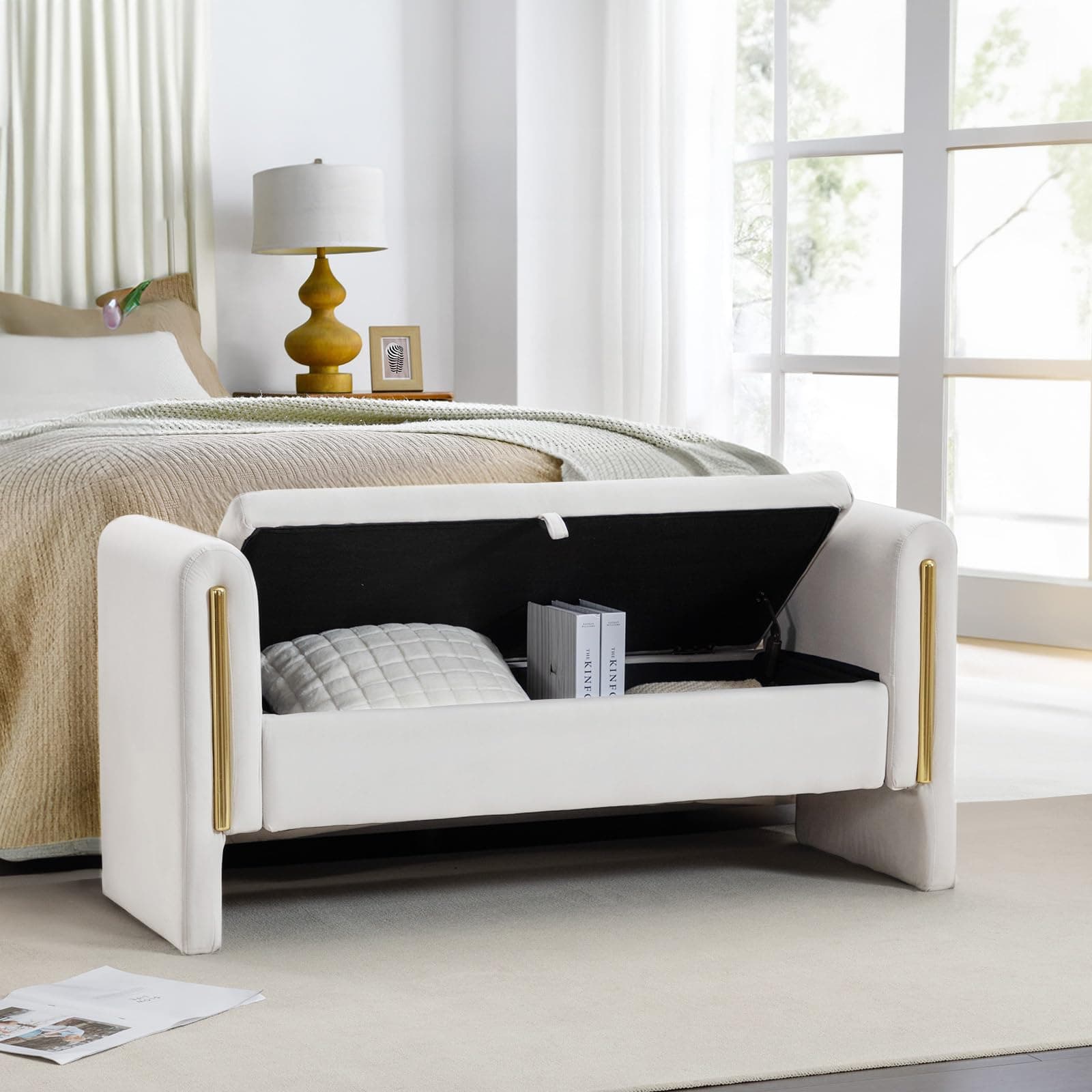 Modern Velvet Ottoman Storage Bench 53W - Velvet-Ivory