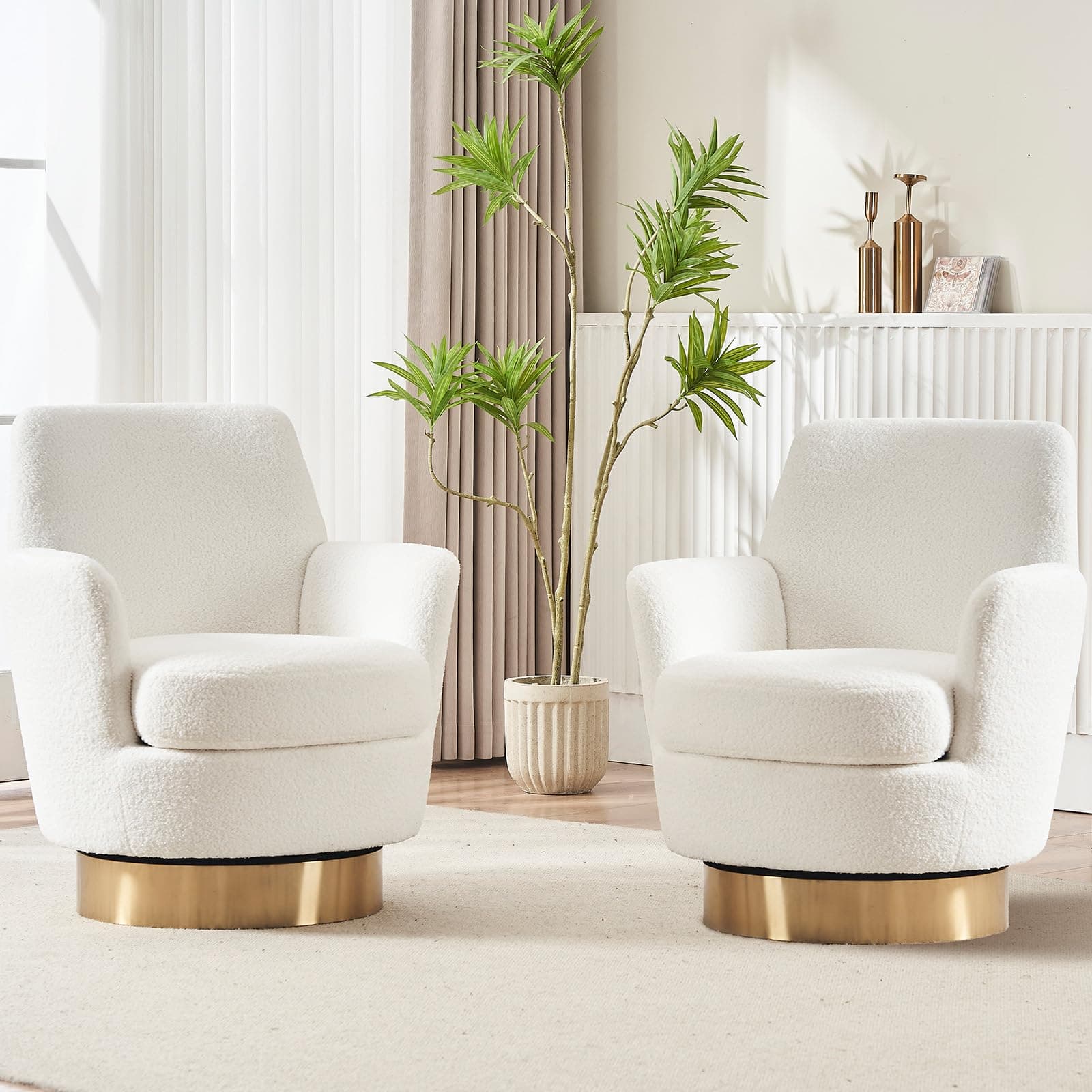 Set of 2 Modern Teddy Upholstered Swivel Chairs for Living Room, White