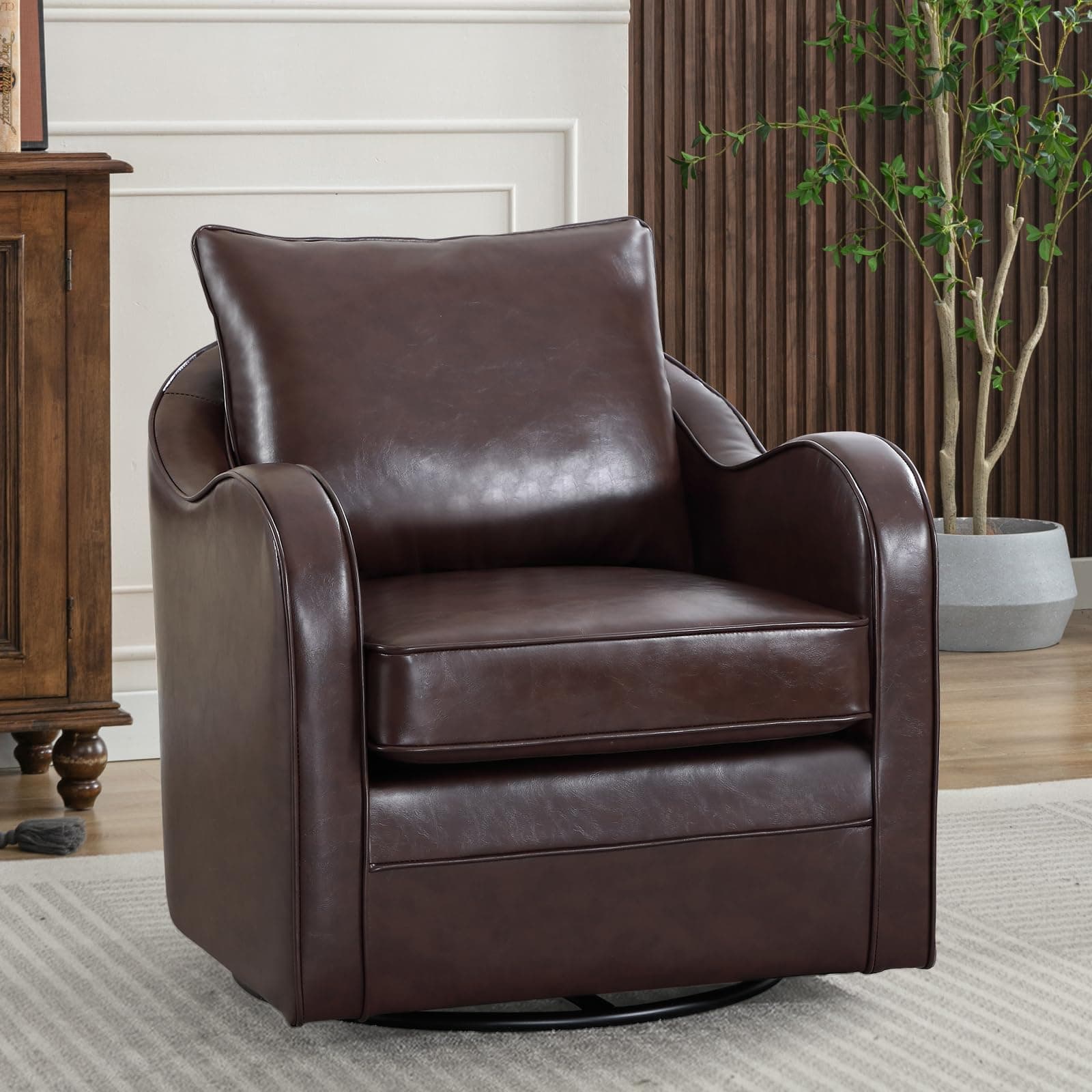 Simore Dark Brown Faux Leather Swivel Accent Chair
