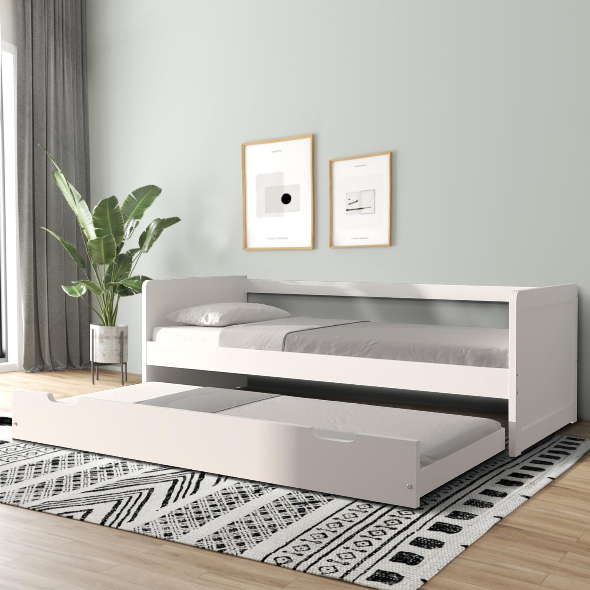 Modern Wood Daybed with Armrest & Trundle, White