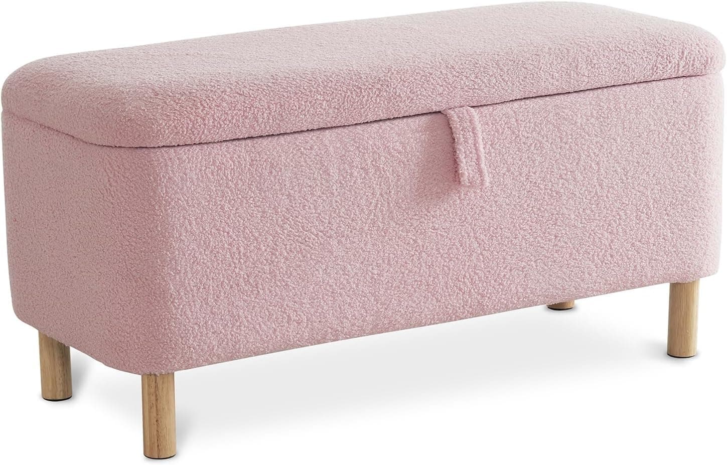 Pink Sherpa Upholstered Boucle Storage Ottoman for Bedroom Entryway
