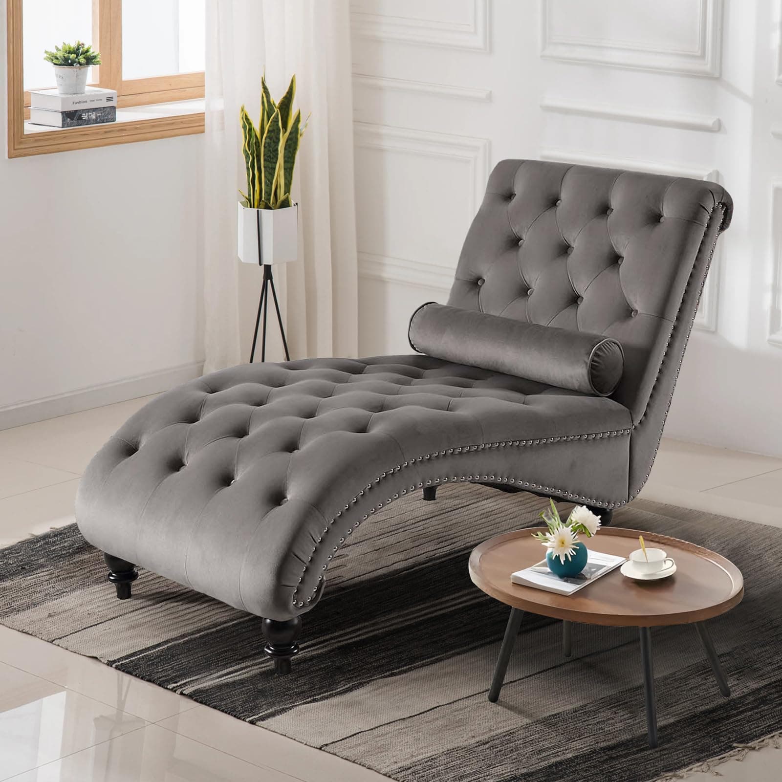Modern Velvet Chaise Lounge Chair for Living Room or Bedroom - Grey