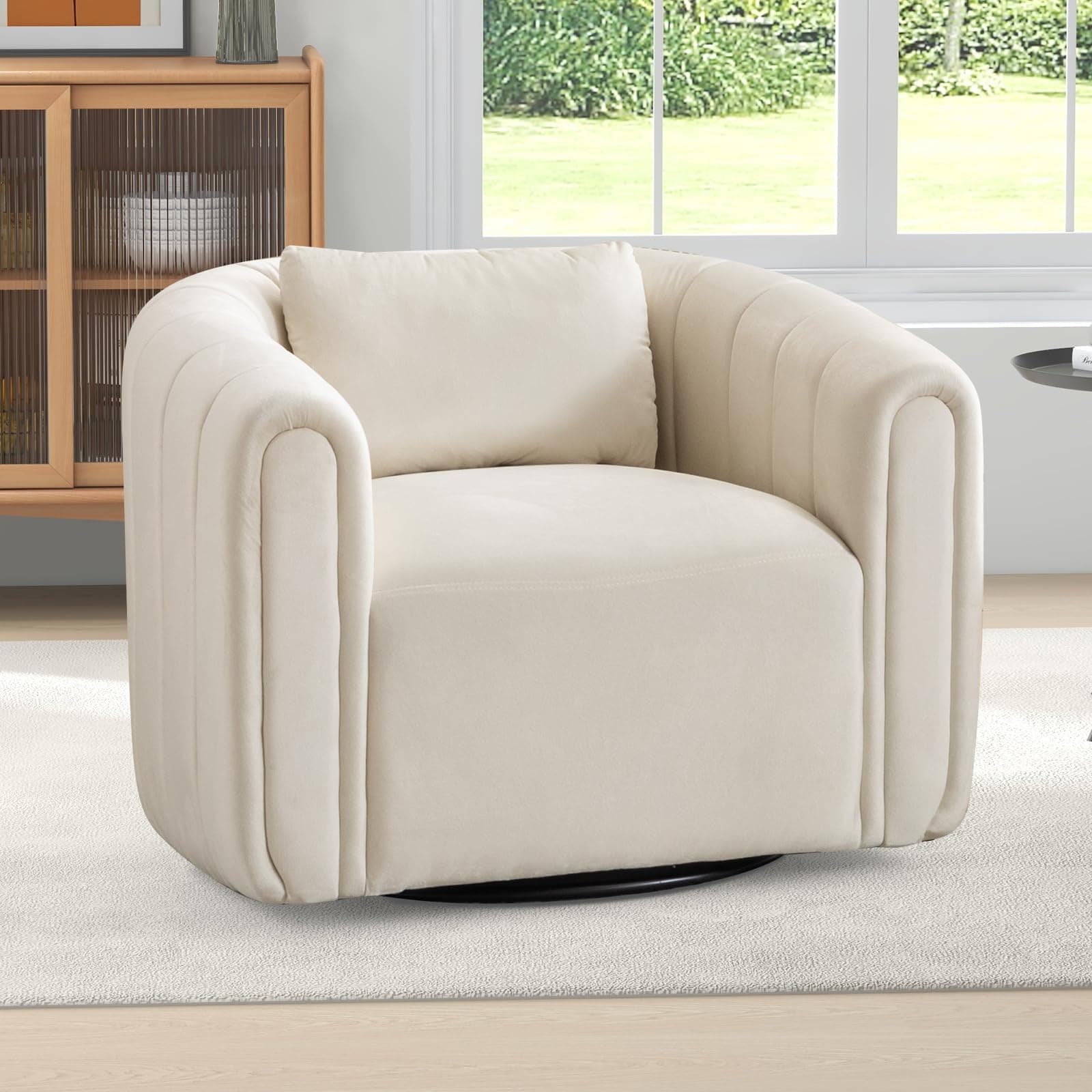 Beige ANJ Swivel Barrel Chair, Comfy Living Room Accent (Completely Assembled)