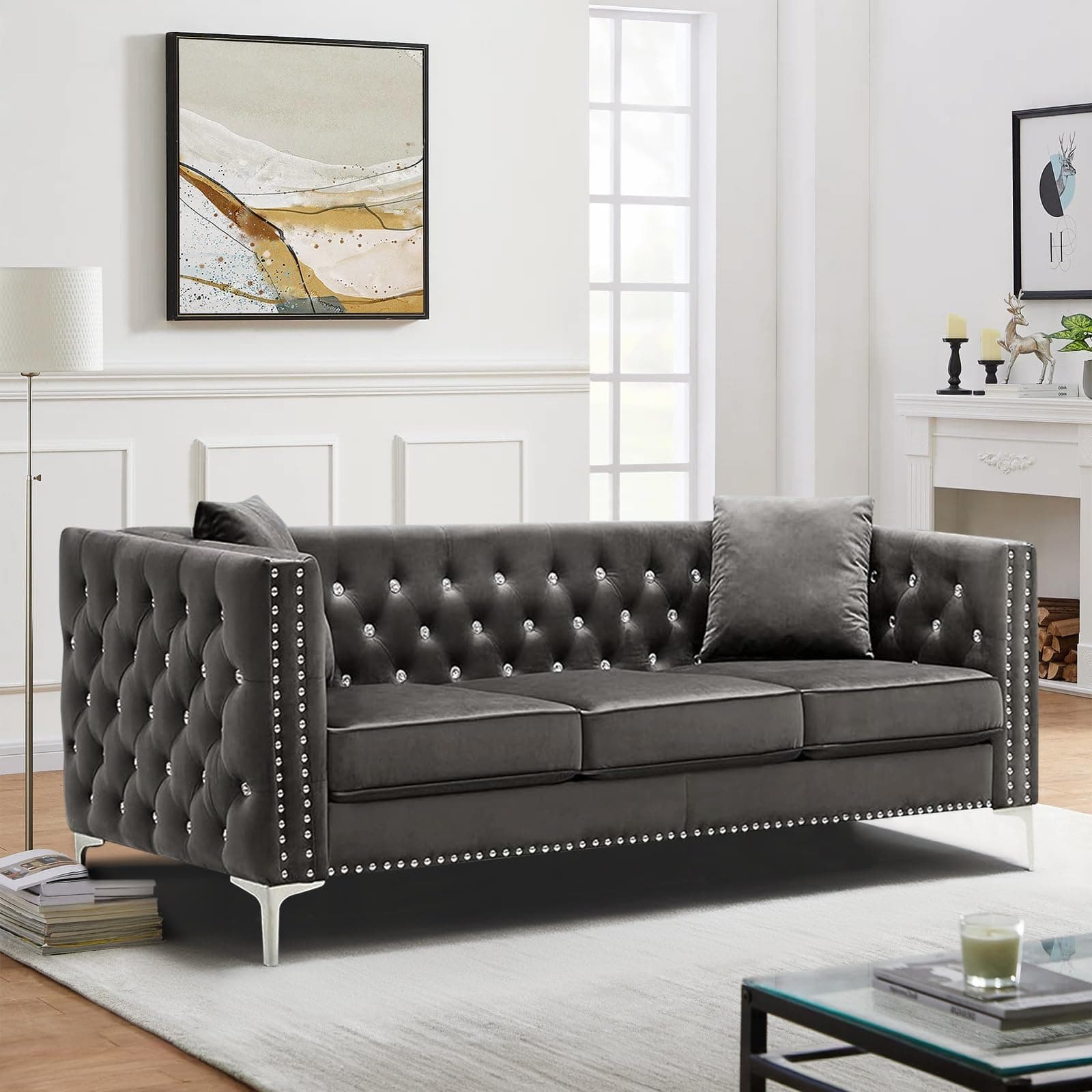 JEEOHEY Grey 3 Seater Chesterfield Sofa, Mid Century Modern Velvet Couch
