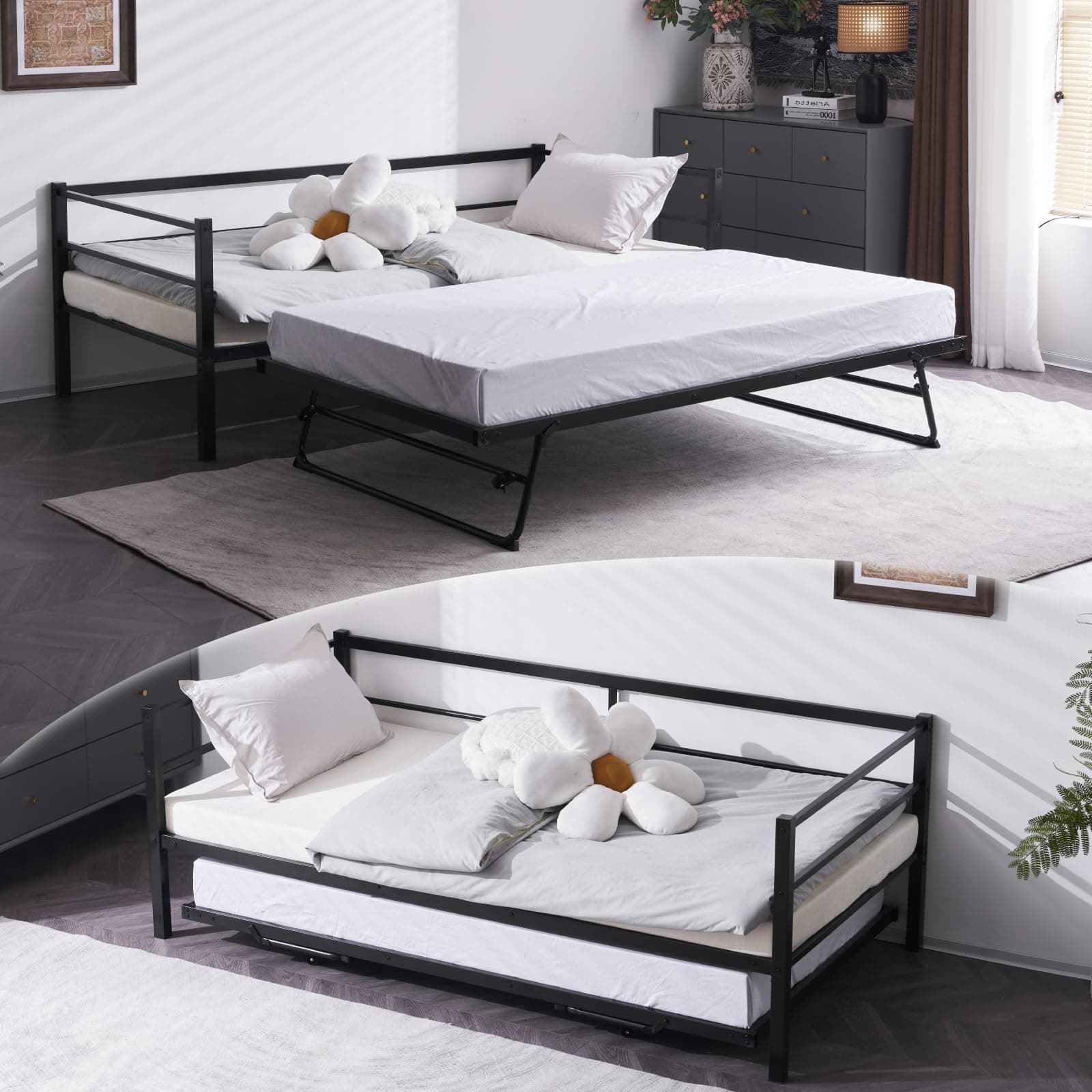 VINGLI Heavy Duty Metal Twin Daybed with Pop Up Trundle, Black