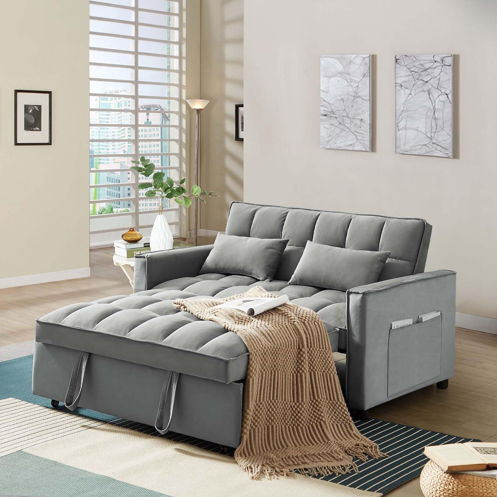 Convertible Sleeper Sofa Bed, Velvet Upholstered Futon Couch with Adjustable Backrest (Grey)